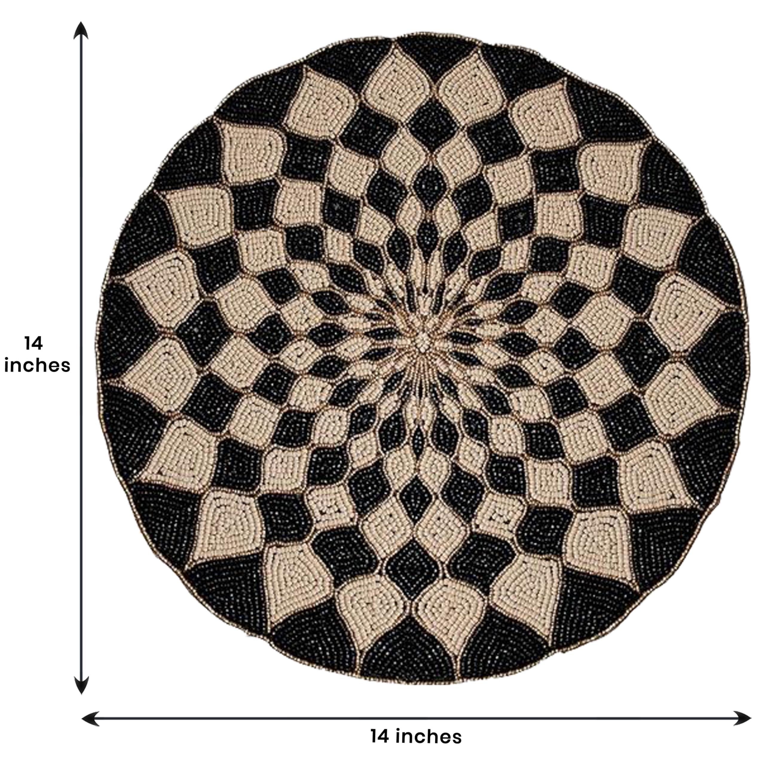 Decozen Round Placemats Set of 4 - 14 Inch Beaded Charger Plates for Dining Table Decor | Heat Resistant Table Mats for Wedding, Mother's Day, Kitchen, Office & Home Decor | Elegant Black & Beige Place Settings for Formal Dinners & Everyday Use