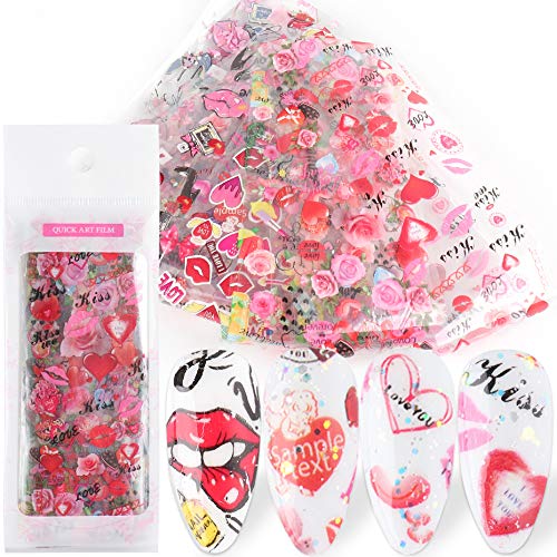 Valentine's Day Nail Foil Transfer Stickers - 10 Sheets Romantic Red Lips, Rose & Heart Designs for Nail Art Decorations | Perfect for Valentine's Manicure, Date Night & Bridal Nail Art