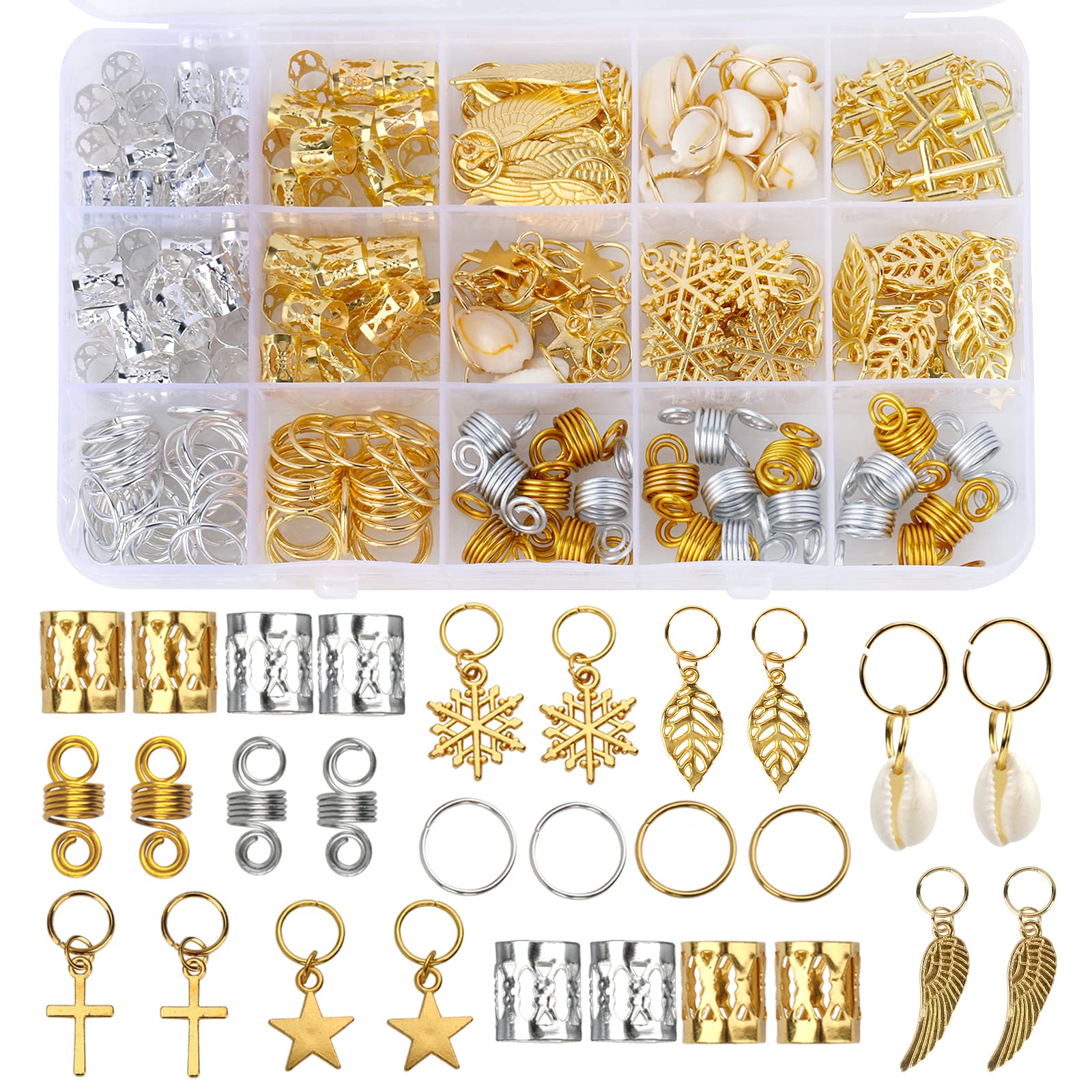 200PCS Hair Beads for Braiding - Gold & Silver Metal Hair Jewelry for Women & Girls - Dreadlock Accessories, Clips, Cuffs, Coils & Shells - Perfect for Braids, Locs, Beards & Hair Decorations (Great for Parties, Weddings & Everyday Styling)