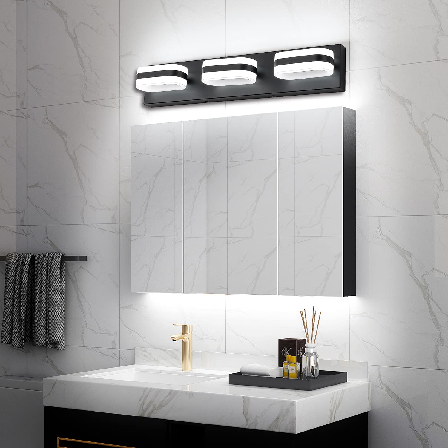 PRESDE 3-Light Modern Black Dimmable LED Bathroom Vanity Light Fixture - Over Mirror Wall Lighting (Cool White 6000K) for Bathroom, Powder Room & Dressing Area