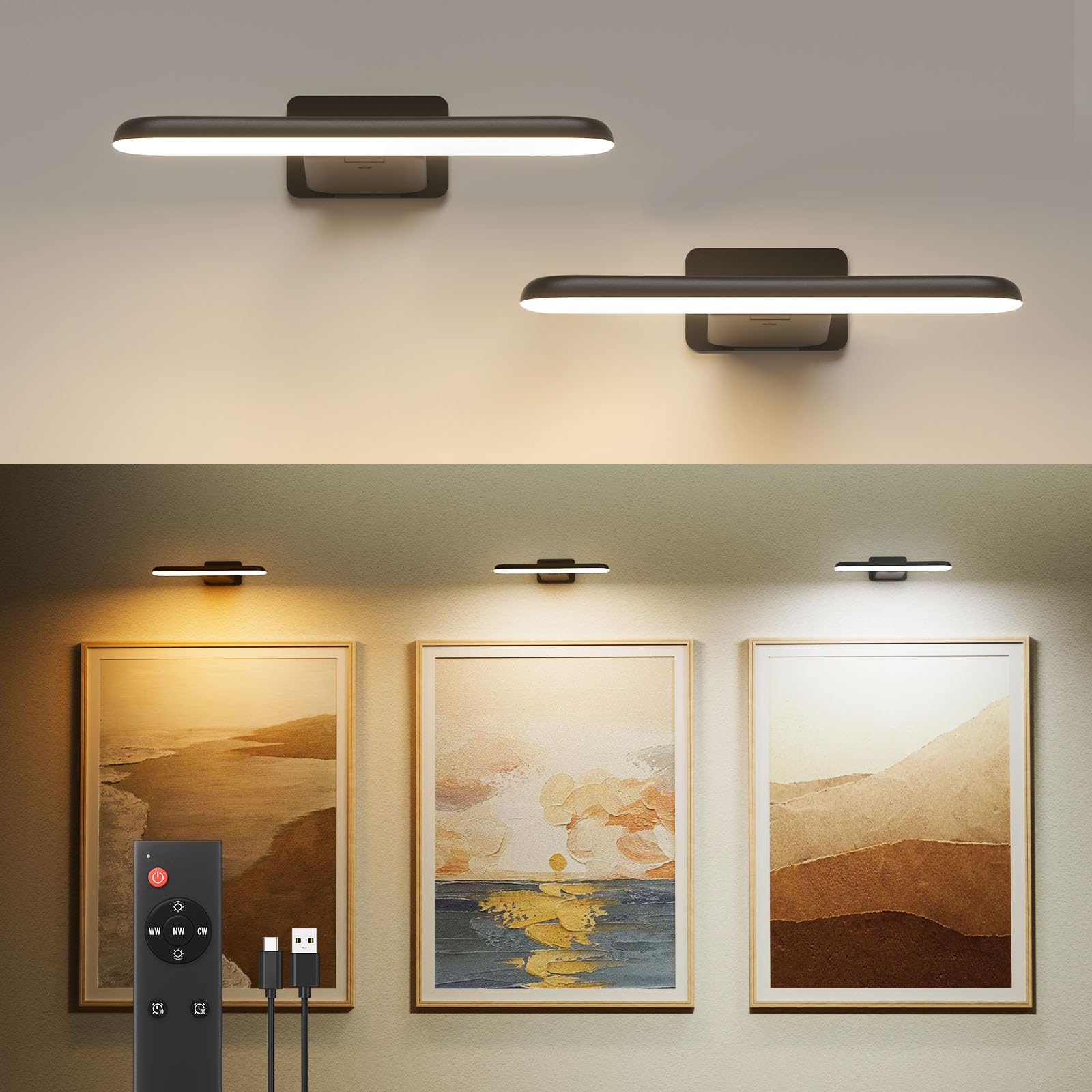 FULEN 2 Pack Rechargeable LED Wall Sconce Lights - Battery Operated Cordless Picture Lights with Remote Control, 3 Color Temperatures - Perfect for Art Paintings, Photo Frames, Gallery Walls & Dartboard Lighting (Black) - Ideal for Home Decor, Bedroom Accent & Living Room Ambiance