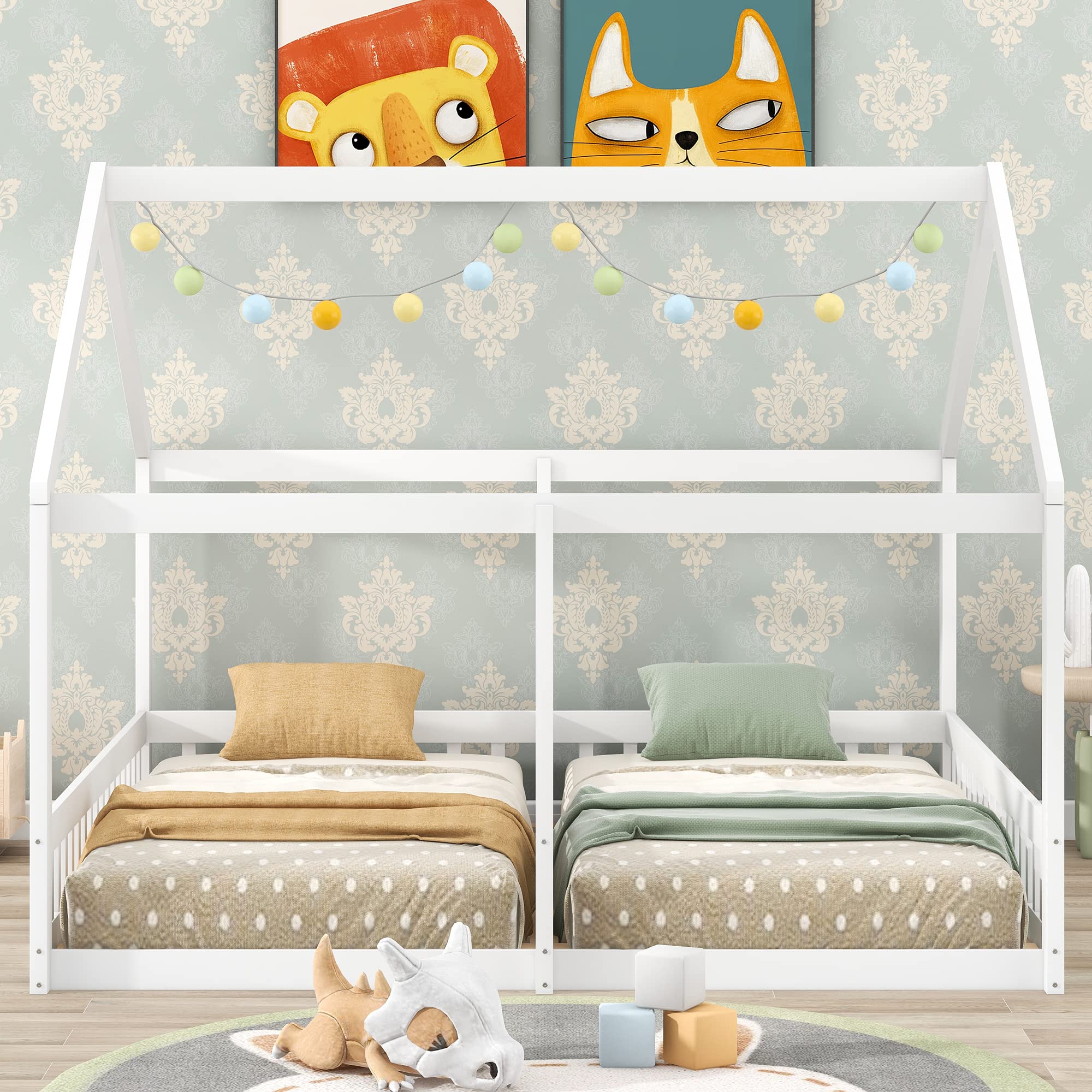 Harper & Bright Designs Solid Wood Twin House Bed with Rails & Roof - Montessori Floor Bed Frame for Kids, Teens, Boys & Girls - Perfect for Bedrooms, Playrooms & Montessori Classrooms (White)