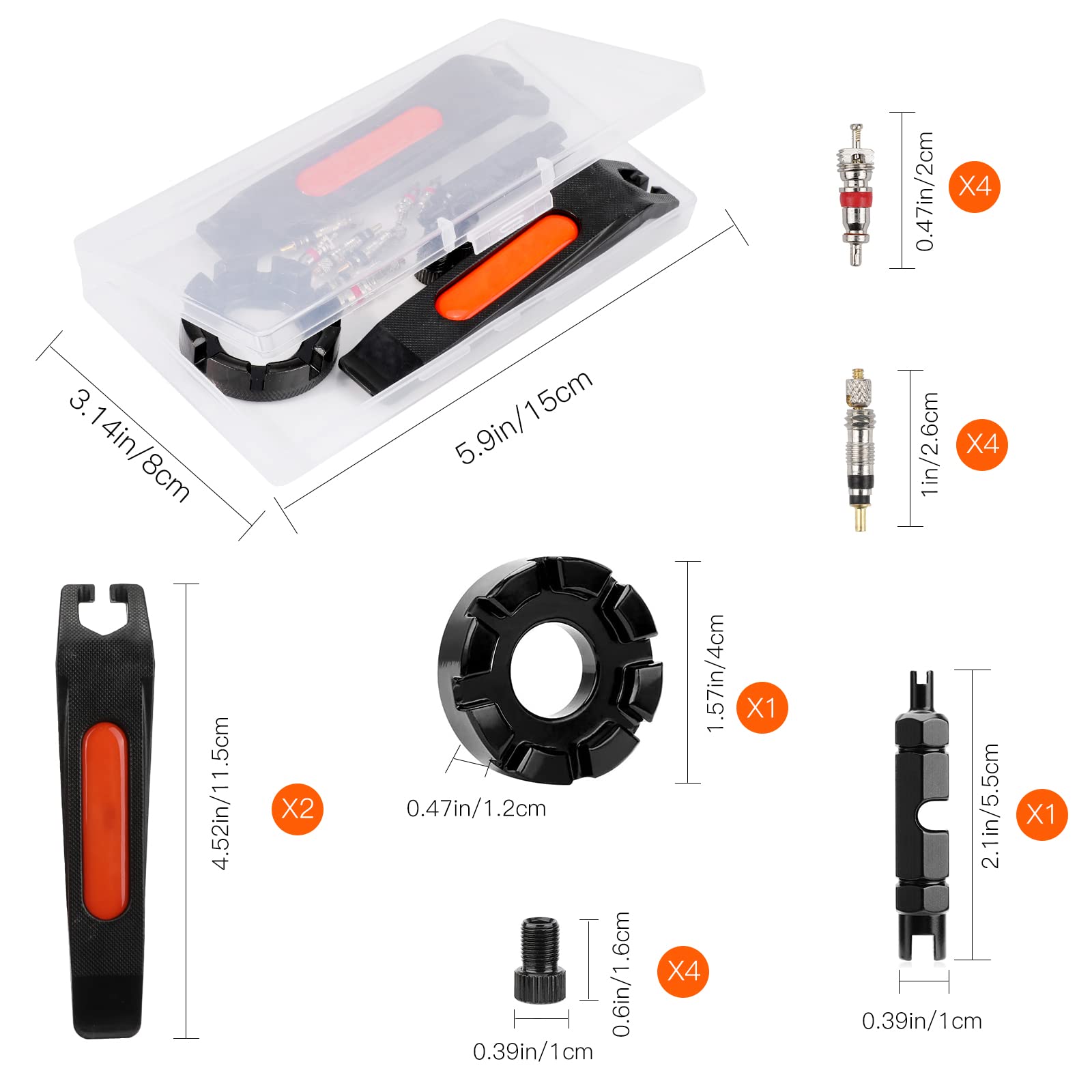 Oumers 16-Piece Bike Valve Core & Spoke Tool Kit - Includes Bicycle Spoke Wrench, Valve Core Wrench, Presta/Schrader Valve Cores & Caps, Valve Adapter & Tire Levers - Perfect for Bicycle Maintenance & Roadside Repairs
