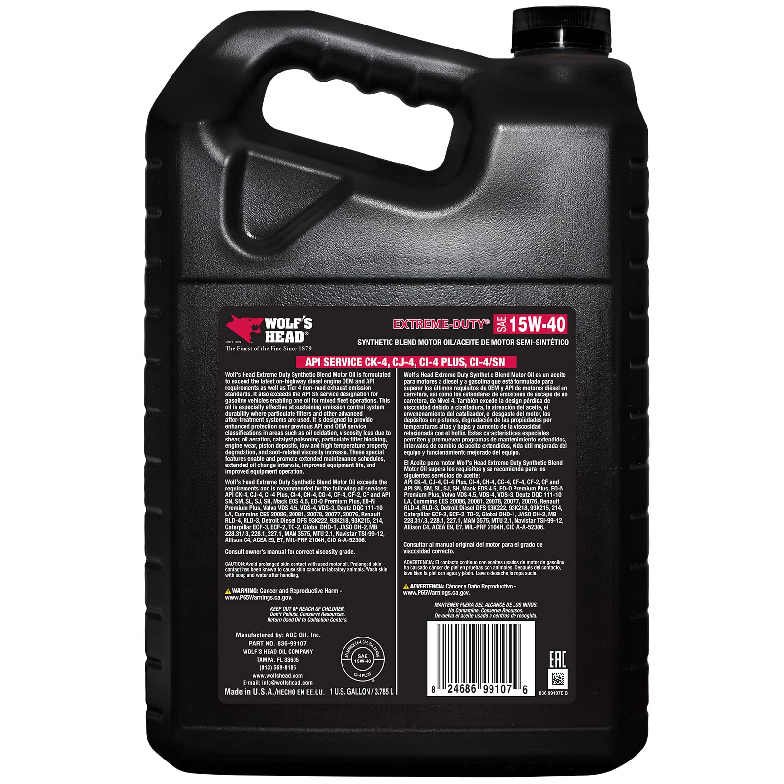 Wolf's Head Extreme Duty 15W-40 Synthetic Blend Diesel Engine Oil (836-99107-36) - 1 Gallon Bottle, Pack of 4 - Heavy Duty Protection for Trucks, Tractors & Industrial Equipment