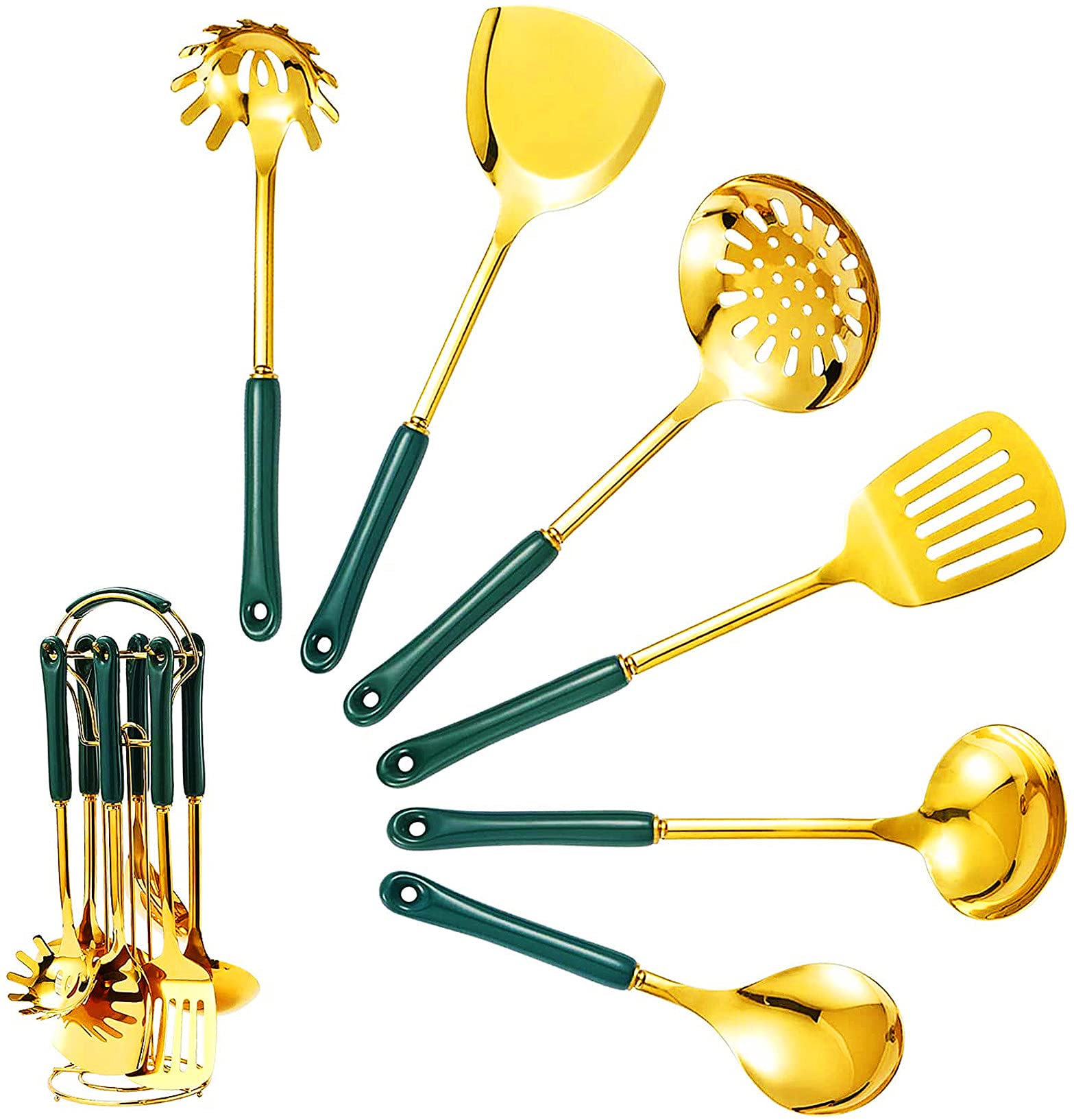 Premium 12-Piece Cooking Utensils Set with Holder - Stainless Steel Soup Ladle, Spatula, Slotted Turner, Skimmer Spoon & Rice Paddle - Non-Slip Heat Resistant Kitchen Tools for Frying, Baking & Cooking - Perfect for Home Chefs & Professional Kitchens