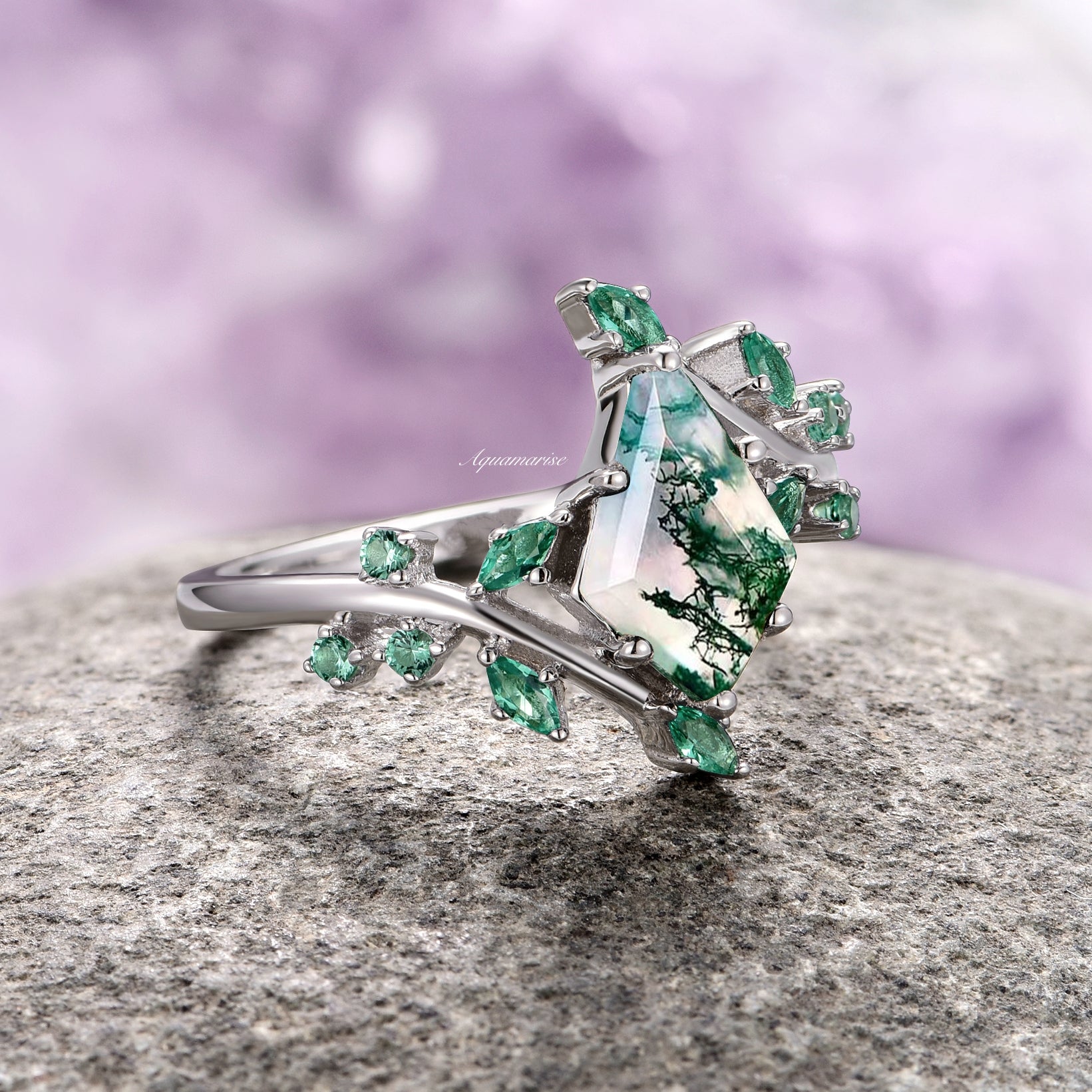 Kite Moss Agate & Emerald Fairy Ring Sterling Silver - Elegant Nature-Inspired Jewelry for Women, Perfect for Weddings, Parties & Special Occasions