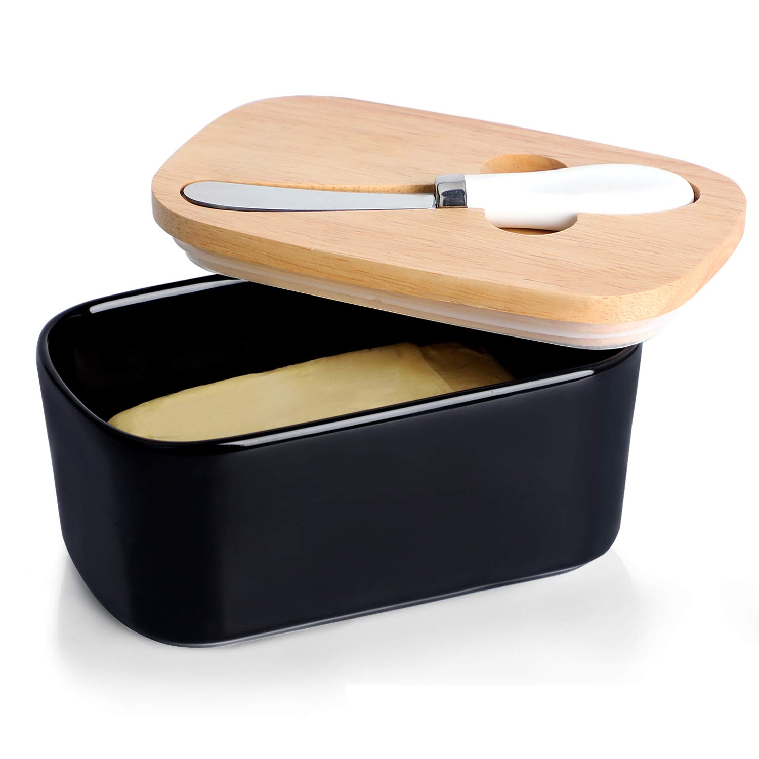 Premium Large Ceramic Butter Dish with Silicone Seal - Natural Wood Lid & Stainless Steel Butter Knife Included | Elegant Kitchen Decor & Practical Countertop Butter Keeper | Perfect Housewarming Gift & Wedding Present (Black) | Ideal for Breakfast Bars, Coffee Stations & Farmhouse-Style Kitchens
