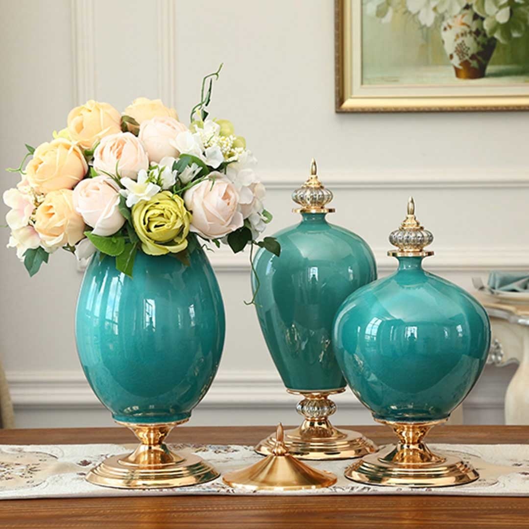 42.5cm Ceramic Oval Flower Vase with Gold Metal Base - Modern Home Decor for Living Room, Wedding Centerpiece, Office Desk Decor (Green)