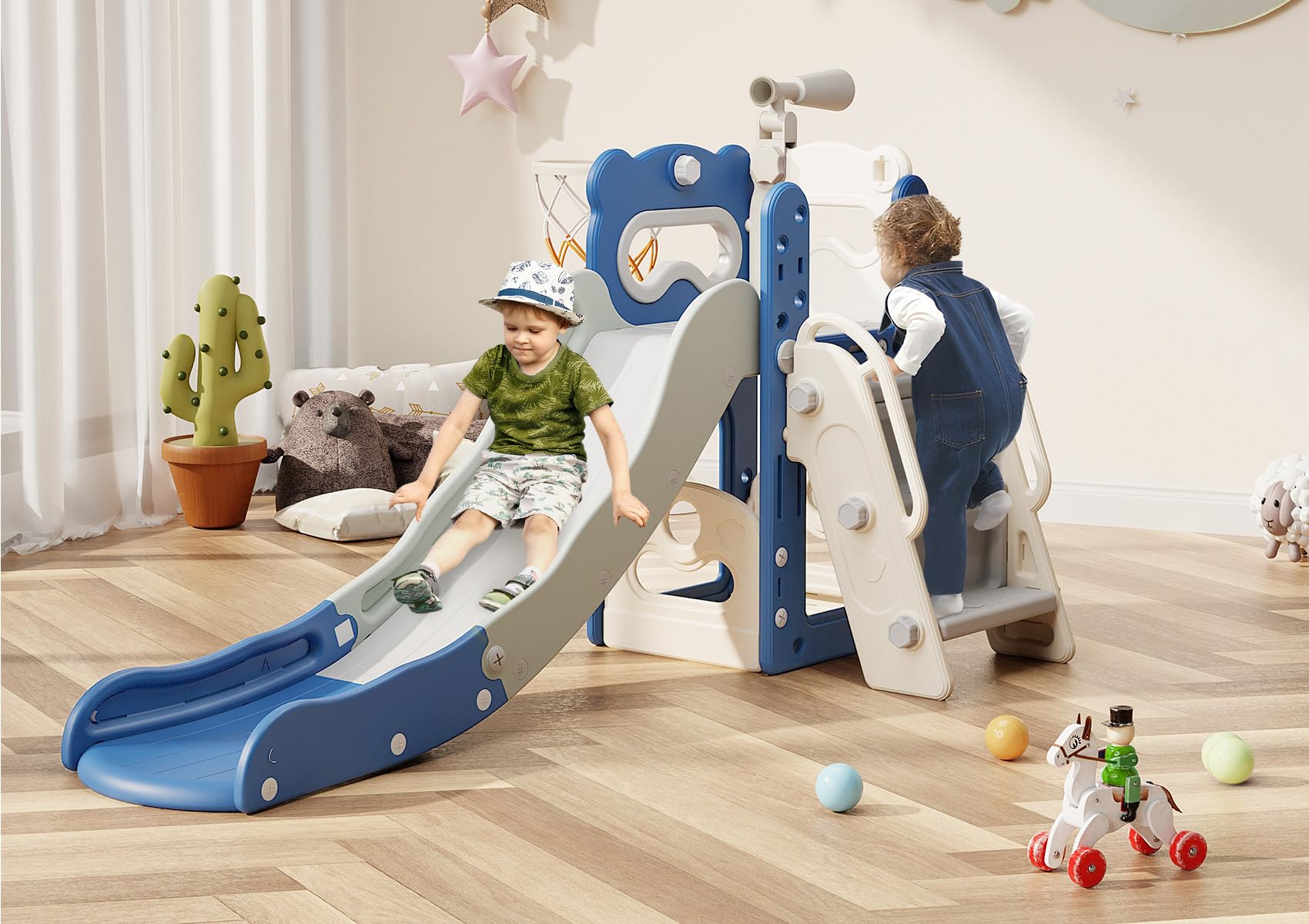 **Babytronic 6-in-1 Toddler Slide & Playset for Kids Ages 1-3 – Indoor & Outdoor Slide with Basketball Hoop & Telescope – Blue & Gray – Perfect for Playrooms, Backyards & Daycares**