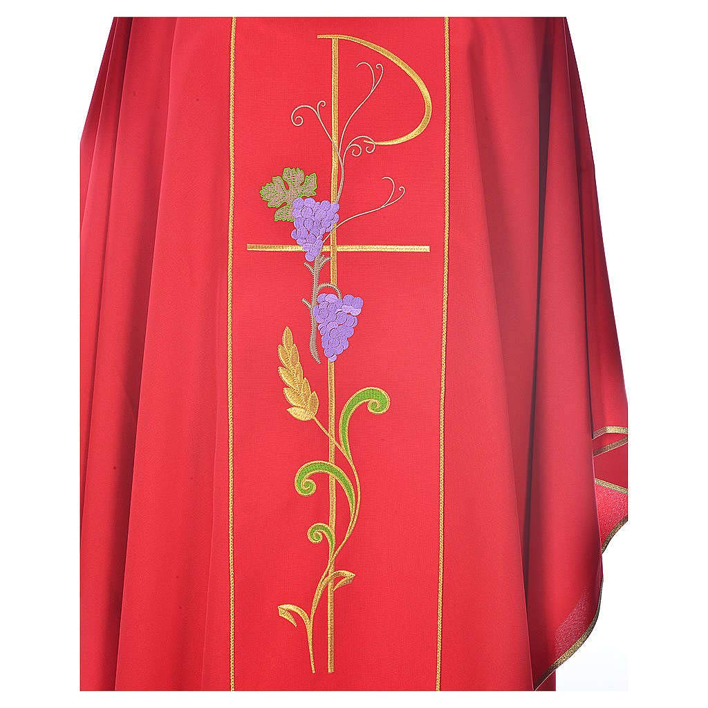 100% Polyester Chasuble with Chi-Rho, Ears of Wheat & Grapes Design - Red Liturgical Vestment for Catholic Mass, Communion & Church Services
