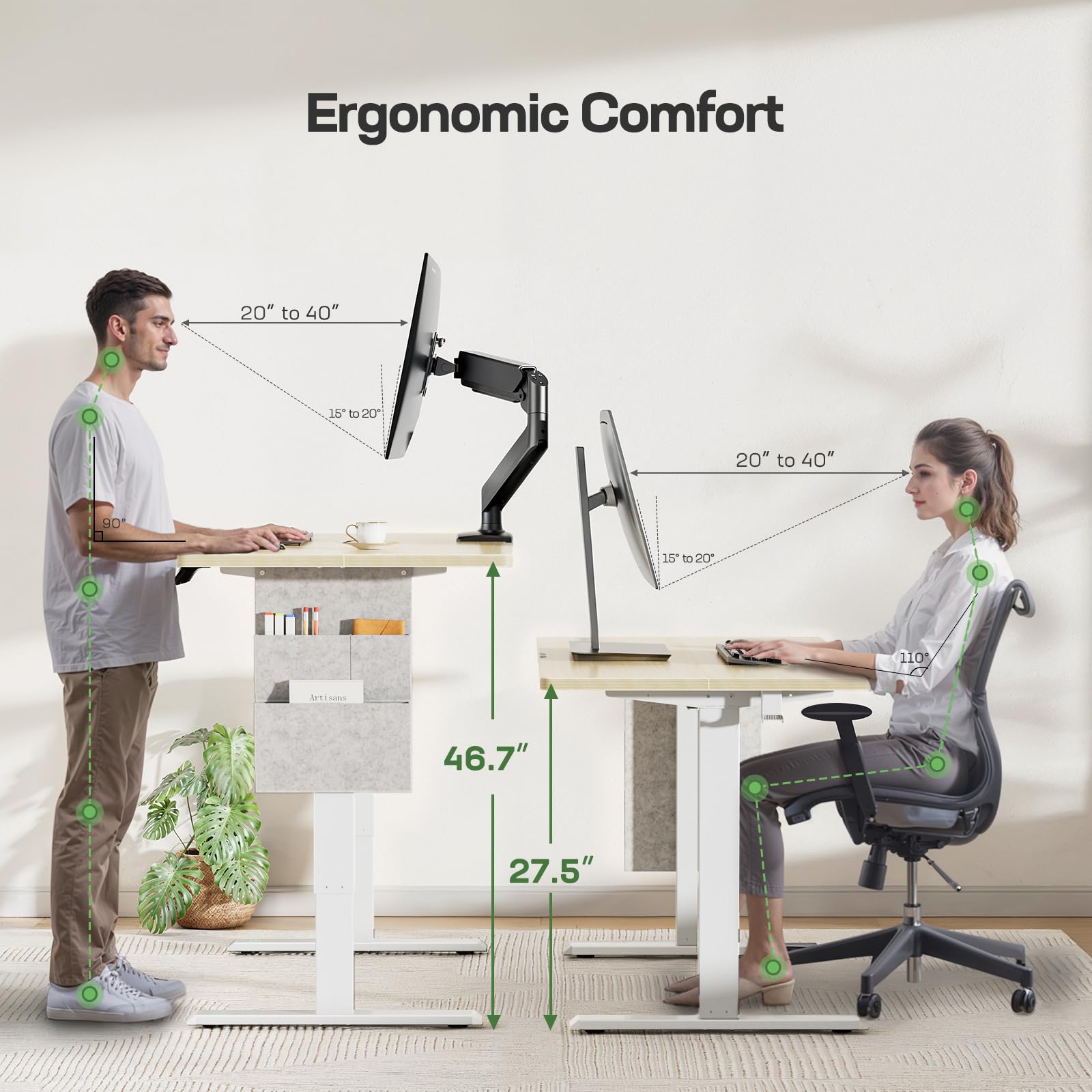 Marsail 40 x 24 Inch Electric Adjustable Height Standing Desk with Storage Bag - 4 Memory Presets, Cable Management & Headphone Hook - Ergonomic Sit Stand Desk for Home Office, Gaming & Computer Workstation - Perfect for Remote Work, Online Classes & Productivity Boost