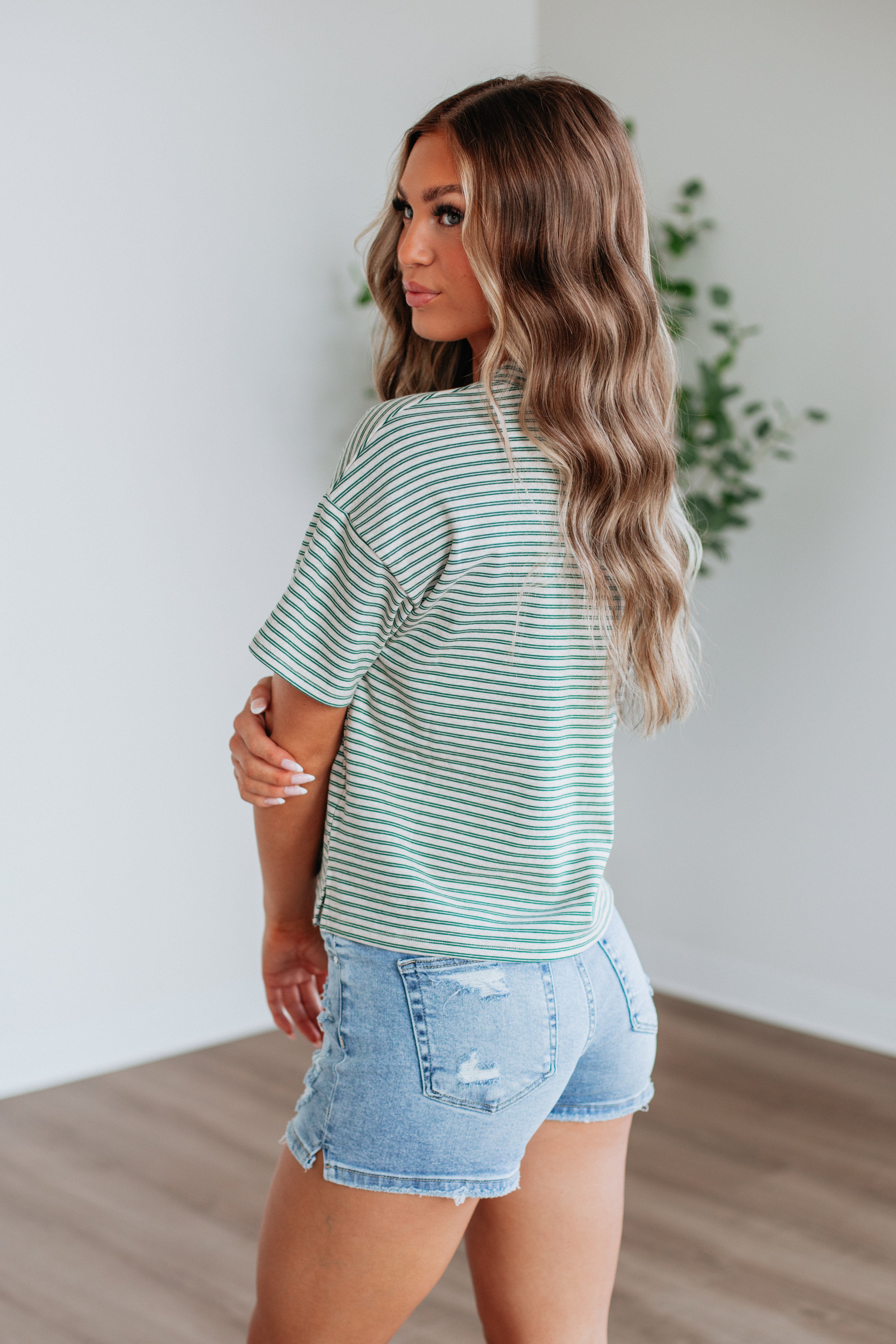 Allie Striped Women's Top in Hunter Green Mix - Casual & Chic Blouse for Everyday Wear, Office, or Date Night