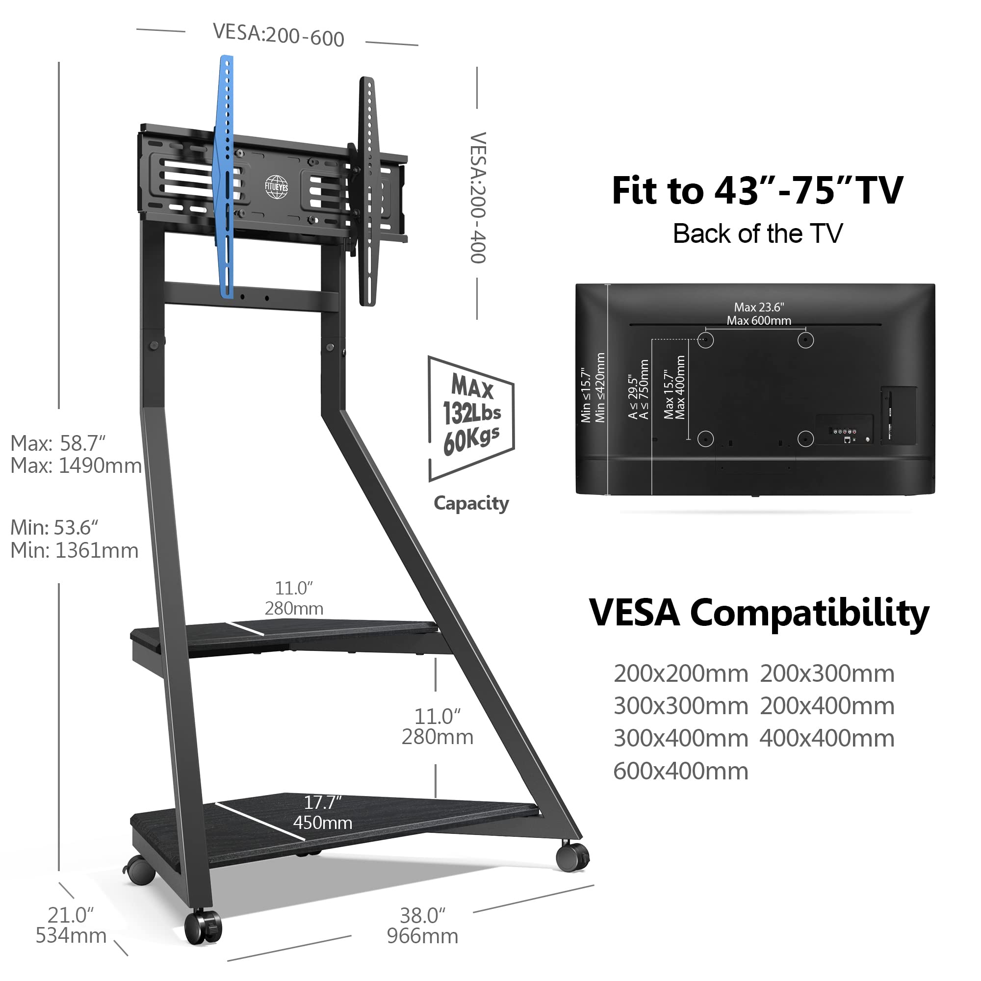 FITUEYES Universal TV Stand for 43-75 Inch TVs - Modern Swivel Tilt Floor TV Cart with Height Adjustment & Cable Management - Eiffel Series Entertainment Center for Living Room, Bedroom, Home Theater