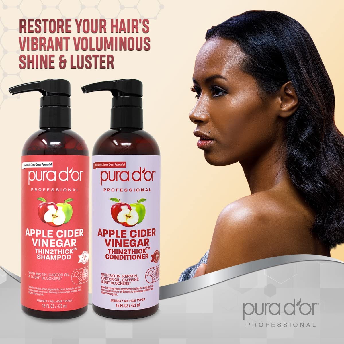 PURA D'OR Apple Cider Vinegar Thin2Thick Set (16oz x 2) - ACV Shampoo & Conditioner for Hair Growth, Clarifying & Detox - Anti-Thinning Biotin Shampoo with DHT Blocker - Clinically Tested for Thicker, Healthier Hair - Perfect for Daily Use & Hair Care Routine
