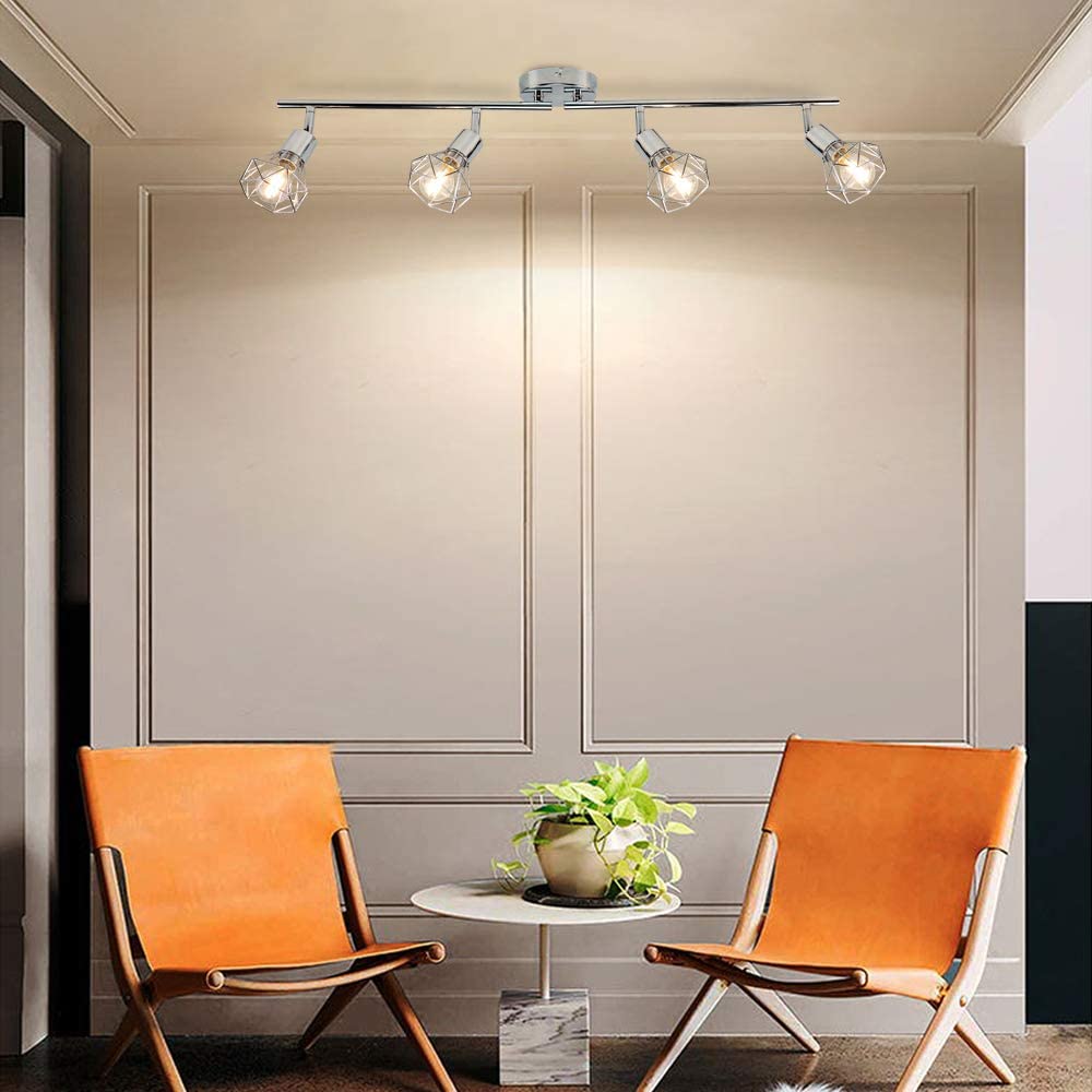 DLLT 4-Light Adjustable Track Lighting Fixture - Modern Flush Mount Ceiling & Wall Lamp with Directional Caged Spotlights for Kitchen, Bedroom, Living Room (Bulbs Included) | Perfect for Task Lighting and Home Decor
