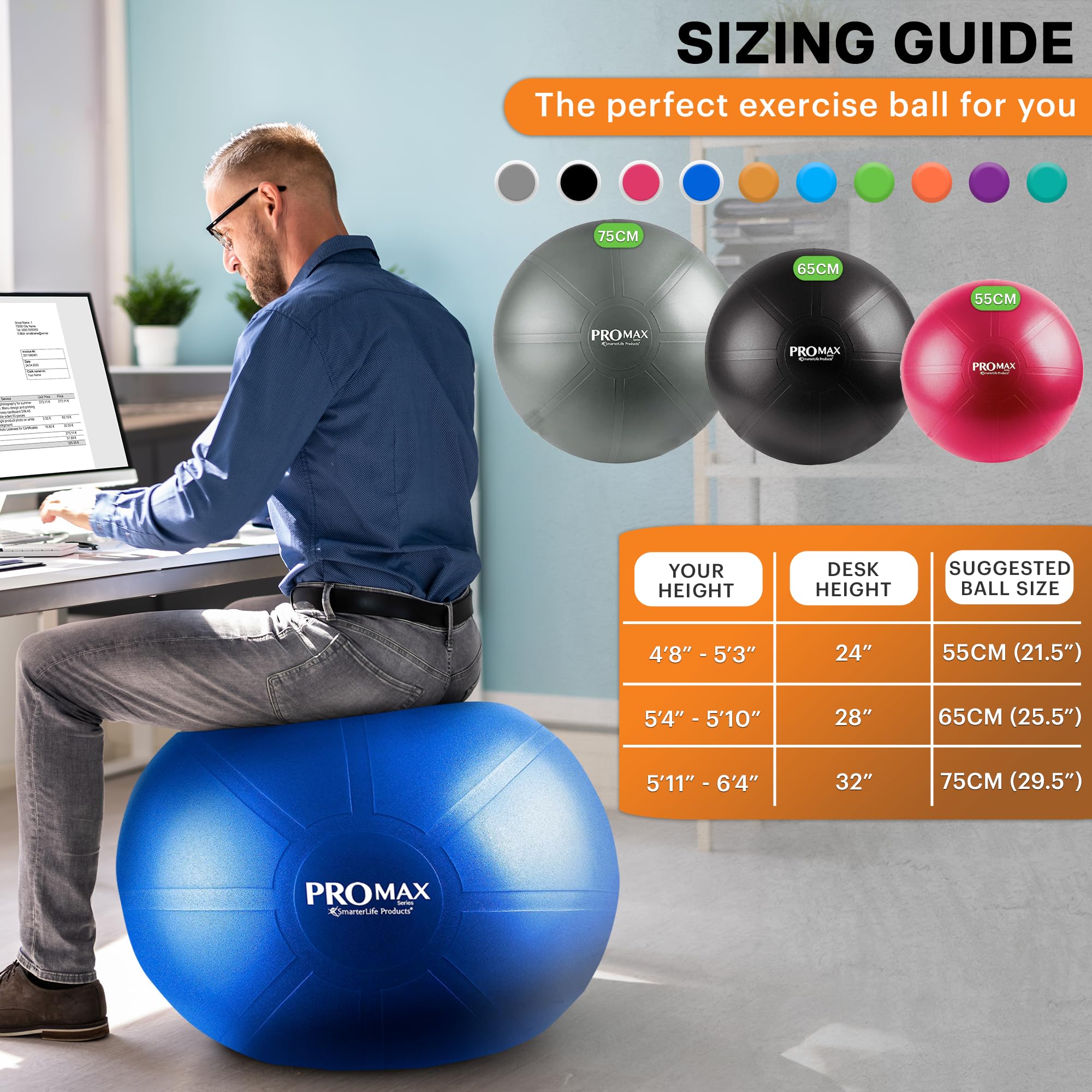 SmarterLife PRO MAX Exercise Ball - Anti-Burst Yoga Ball for Fitness, Workouts, Stability & Balance Training, Pregnancy & Labor Support - Perfect for Home Gym, Office Chair, Yoga, Pilates & Physical Therapy