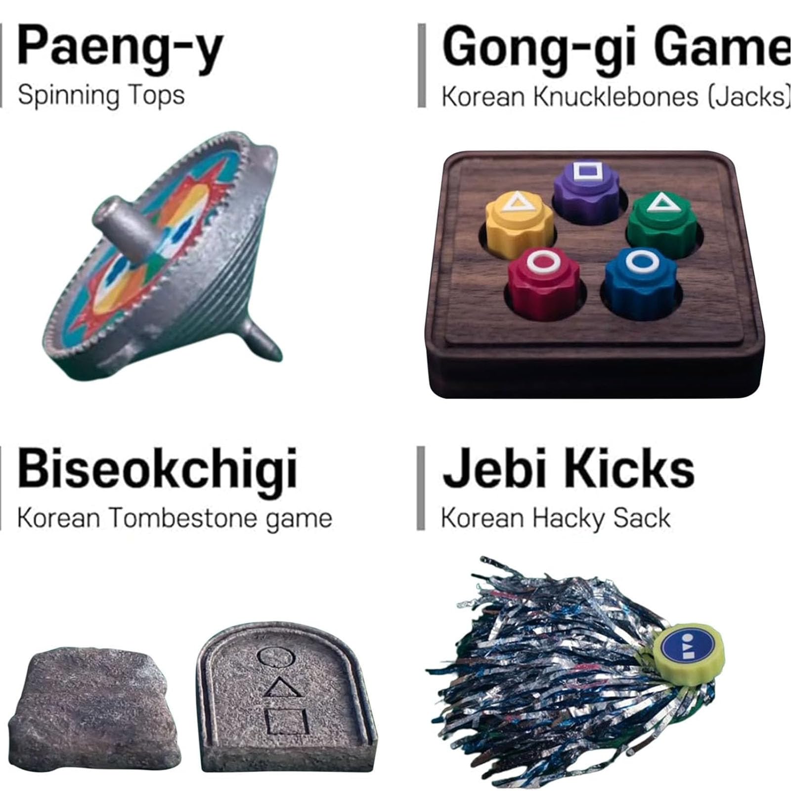 Korean Traditional Folk Game Set - Jebi Chagi, Gong-Gi, Biseokchigi, Ddakji & Gongii - Authentic Korean Cultural Games for Family, Kids & Travel | Perfect for Cultural Learning, Parties & Indoor/Outdoor Activities