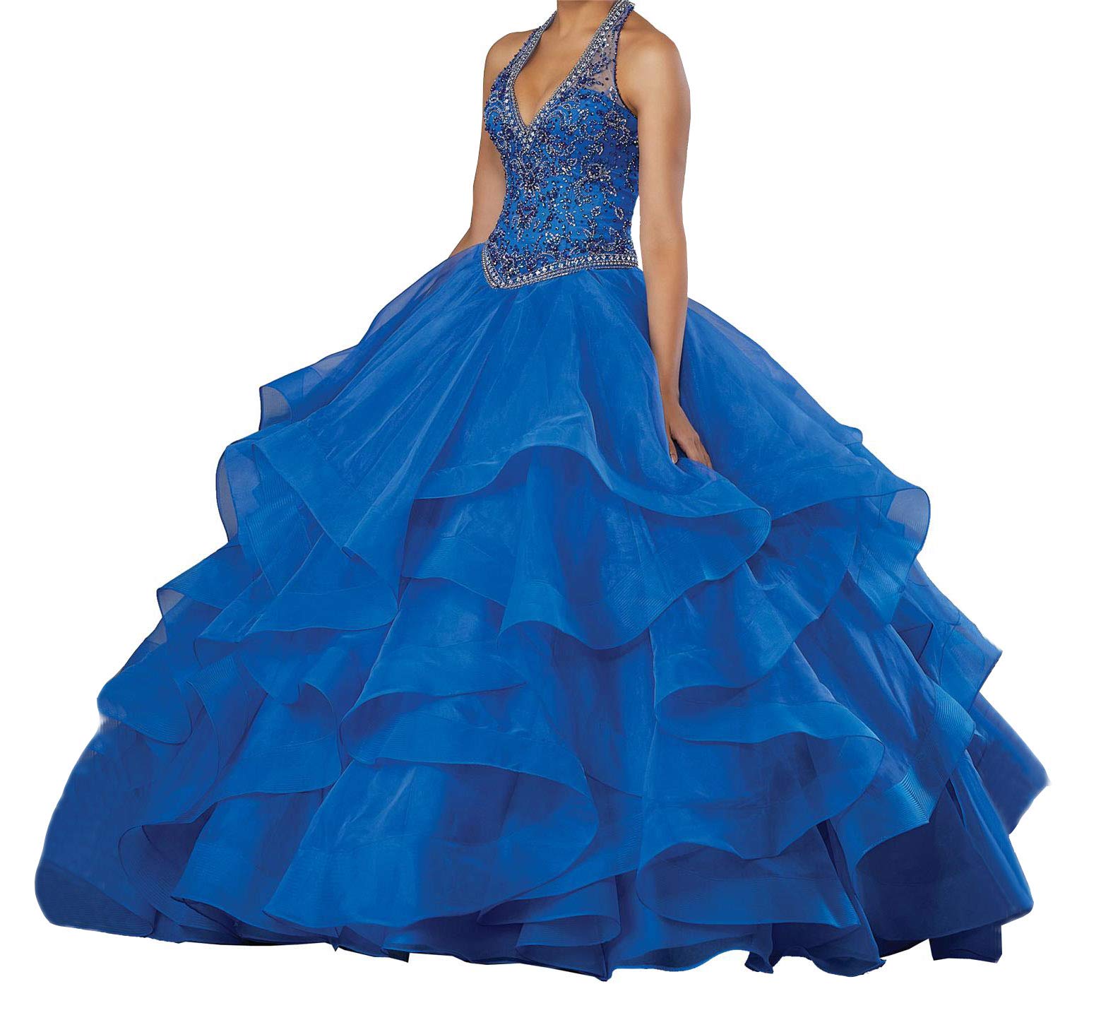 Emanni Women's Halter Beaded Quinceanera Dress - Sleeveless Ball Gown for Girls Size 16 in Lemon Yellow | Perfect for Sweet 16 Parties, Quinceaneras, Prom & Formal Events
