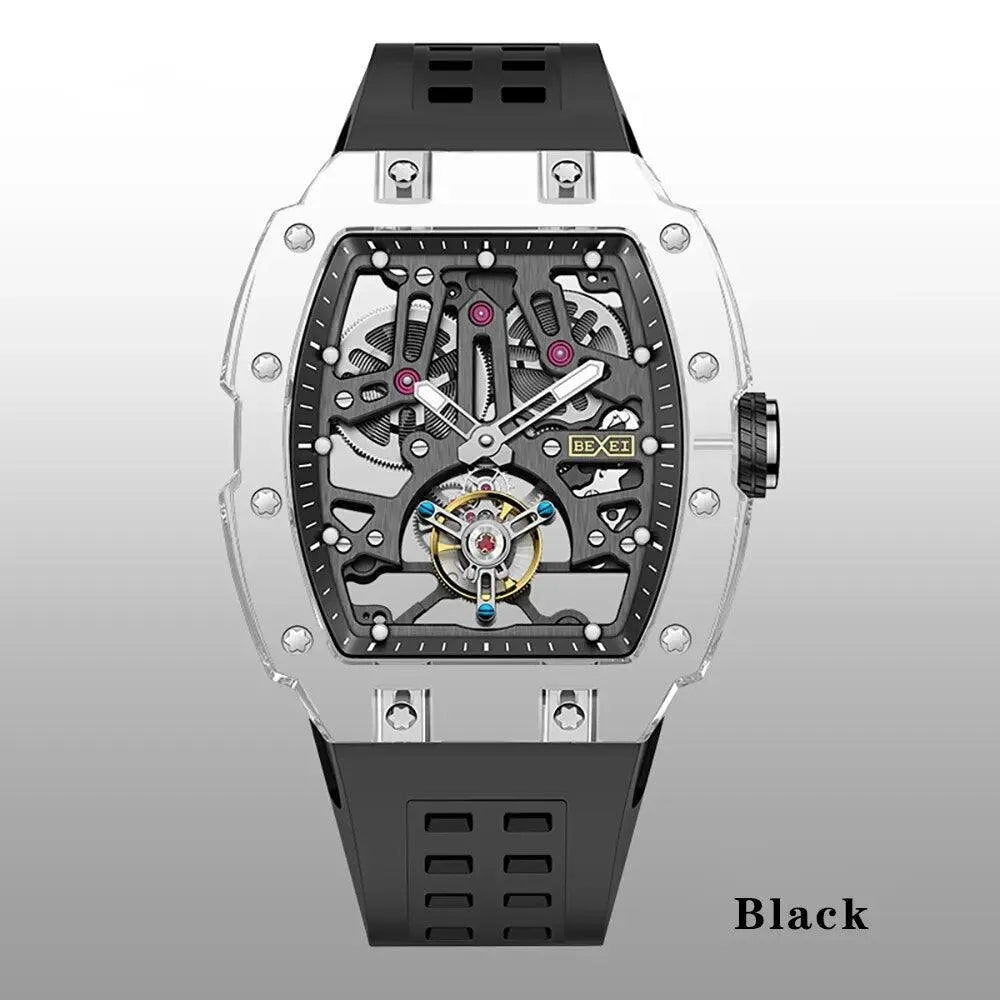 BEXEI 9127 Luxury Men's Transparent Skeleton Tourbillon Watch - K9 Crystal Glass, 72H Power Reserve, Waterproof Mechanical Wristwatch for Business, Formal Events & Gift Giving
