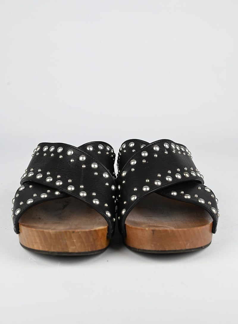 Saint Laurent Black Leather Wooden Zoccoli Shoes Size 39 - Luxury Italian Designer Loafers for Women | Perfect for Office, Parties & Casual Wear