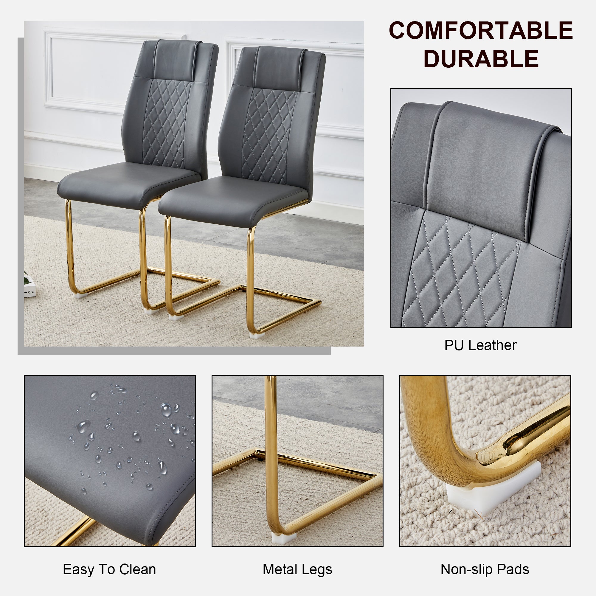 Stylish Faux Leather Cushioned Chairs with Metal Legs - Set of 6 (Gray PU Leather) for Living Room, Kitchen, Bedroom & Dining Room - Perfect for Home Decor & Guest Seating