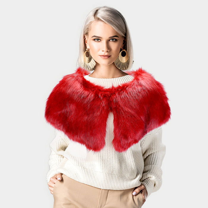 Women's Red Faux Fur Cape Scarf - Winter Warm Fashion Shawl Wrap for Women - Perfect for Holiday Parties, Weddings & Outdoor Events