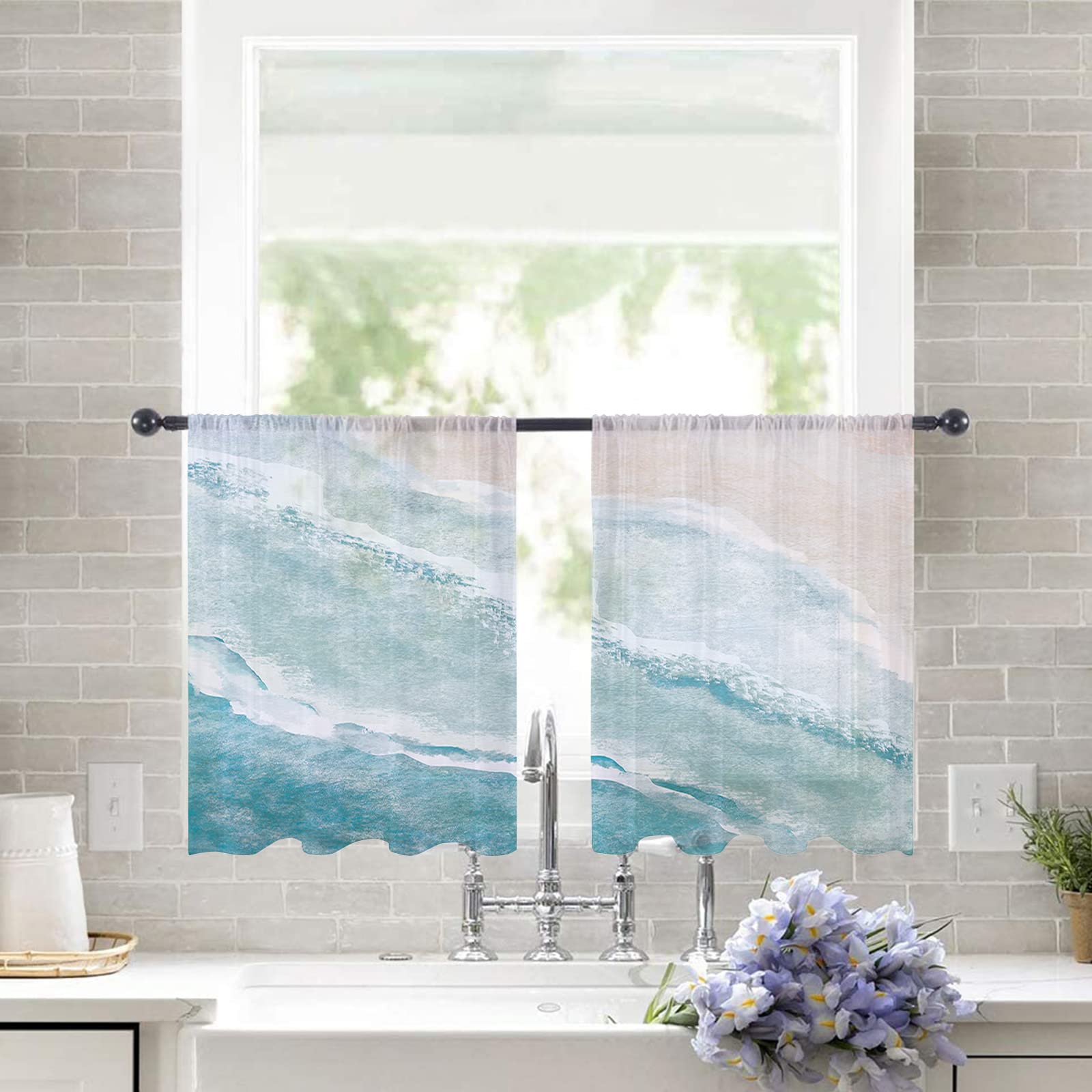 Tropical Sea Beach Semi-Sheer Window Curtains 45 Inch - Ocean Seaside Scenic Voile Drapes with Rod Pocket, Set of 2 Panels for Kitchen, Bedroom & Living Room - Ocean Wave Design | Perfect for Coastal Decor, Beach House Style & Vacation Home Ambiance