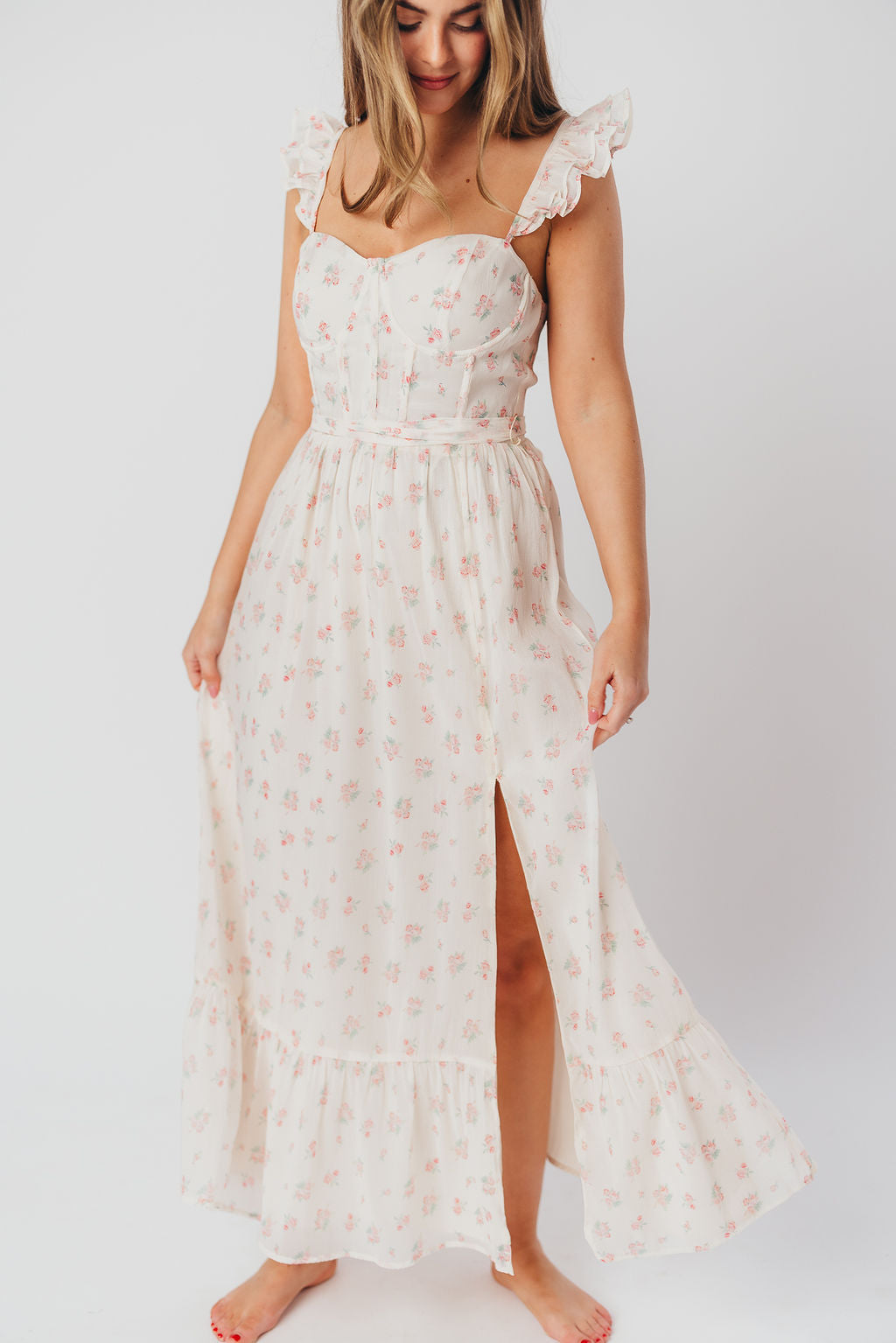 Rosamund Bustier Style Maxi Dress - Floral Blush Pink Women's Plus Size Dress (S-3XL) | Perfect for Weddings, Parties & Summer Vacations