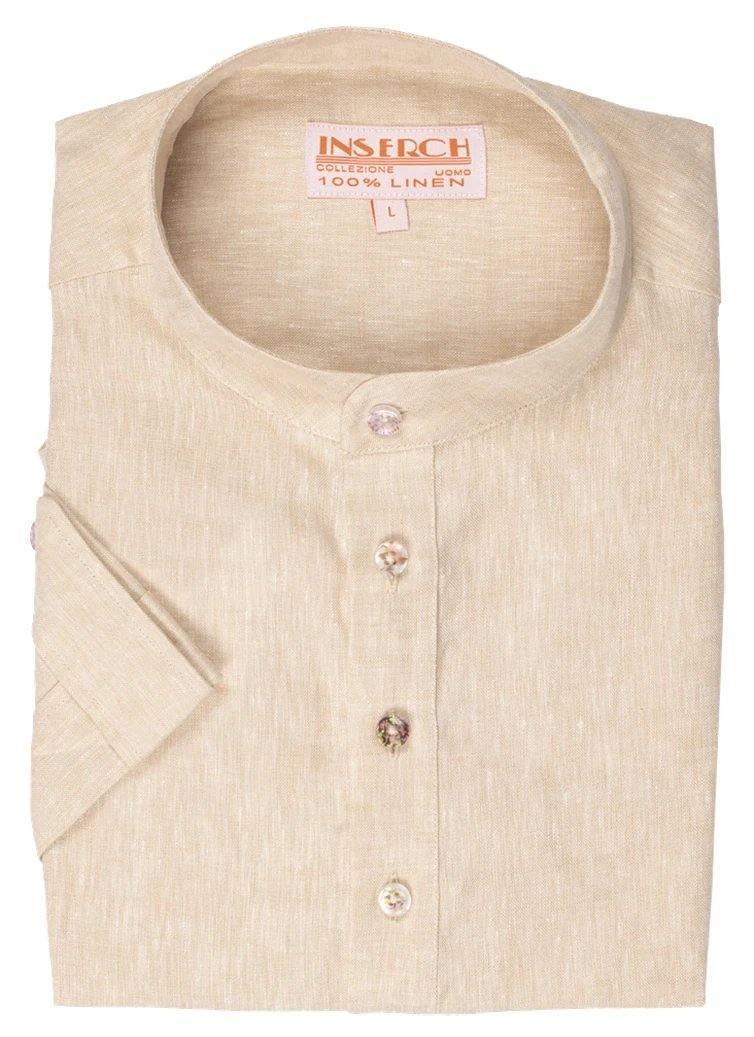 Men's Oatmeal Linen Banded Collar Popover Shirt by Insearch - Breathable Summer Casual Shirt for Beach, Vacation & Outdoor Activities