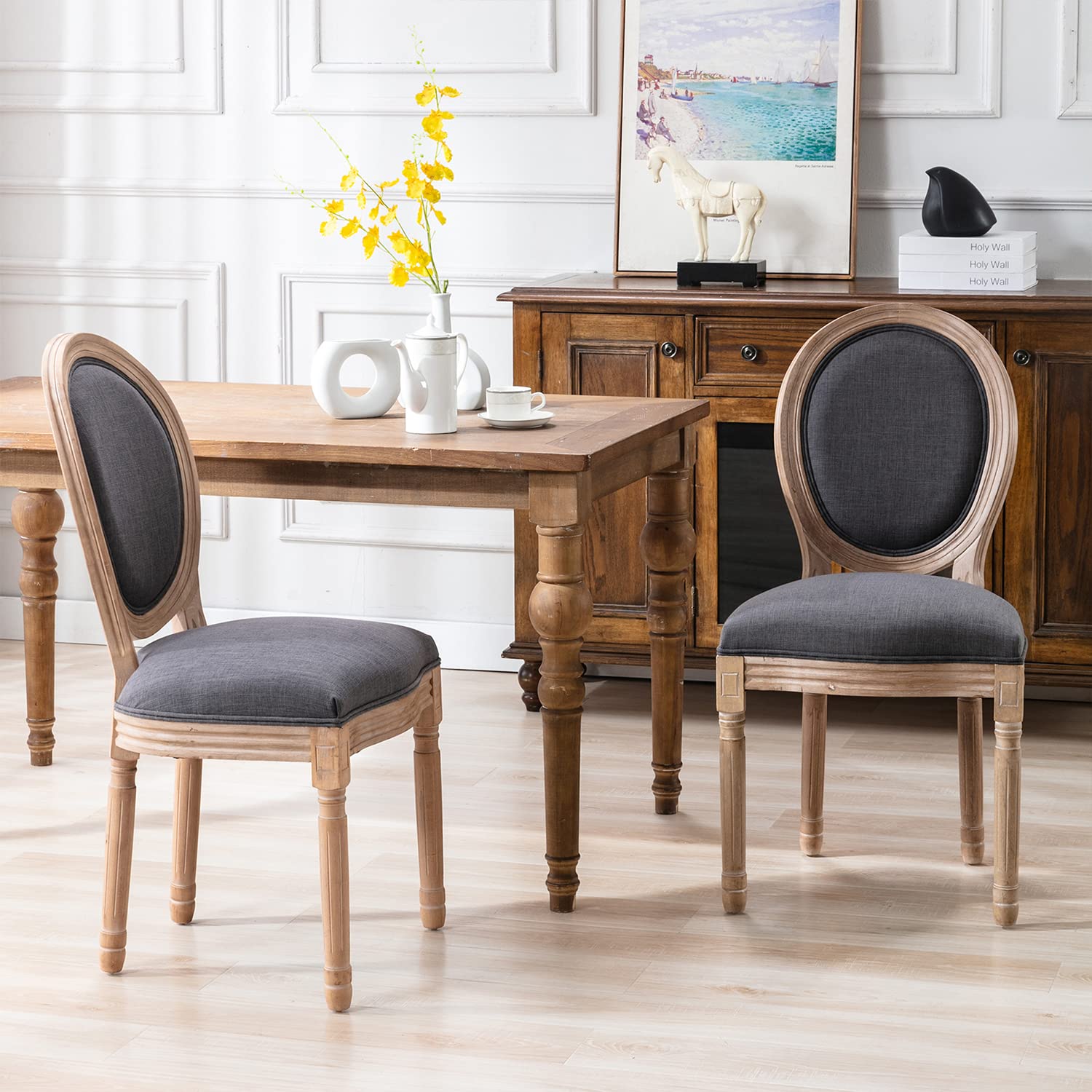 Kiztir French Country Dining Chairs Set of 4 - Farmhouse Style Round Back Upholstered Chairs with Solid Wood Legs for Dining Room, Kitchen, Bedroom or Restaurant | Mid Century Modern Design for Home Decor & Commercial Use