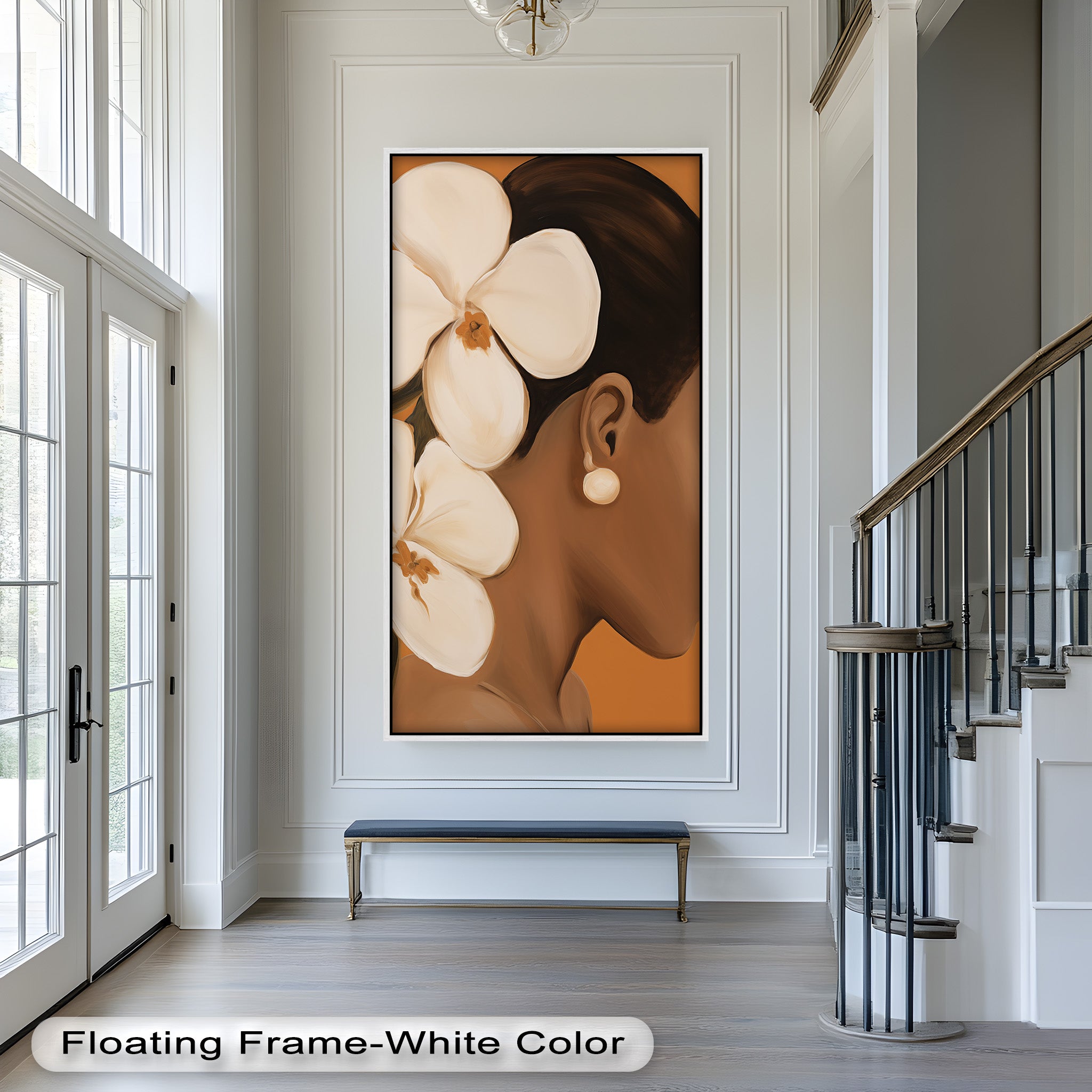 African Woman Wall Art - White Orchid Portrait Oil Painting on Canvas | Elegant Home Decor for Living Room, Bedroom & Office | Unique Gift Idea