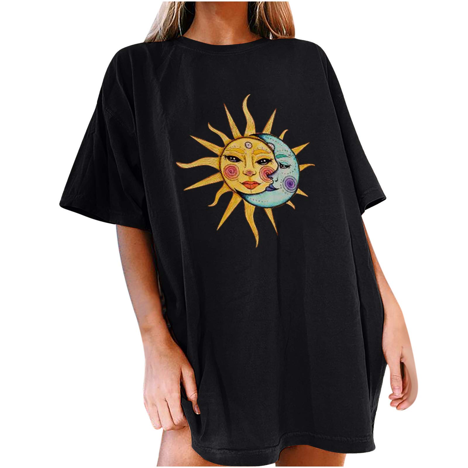 Vintage Printed Short Sleeve Blouse for Women - Moon & Pattern Casual Dressy Tops - Perfect for Summer Outfits, Beach Wear & Boho Style Fashion
