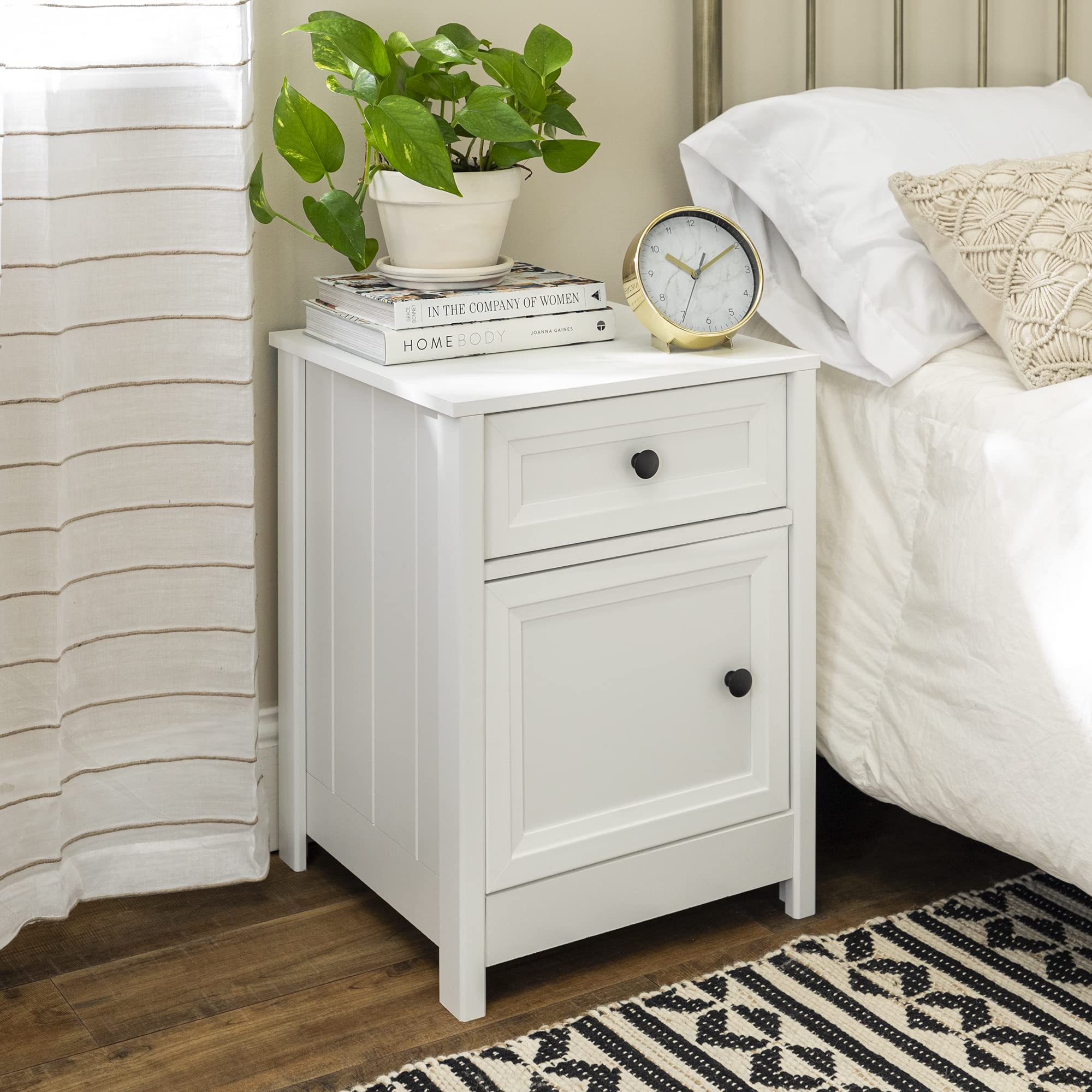Walker Edison Bilb Cottage Style 2-Piece Grooved Door Nightstand Set - White Wooden Bedside Tables for Bedroom, Living Room & Guest Room Storage