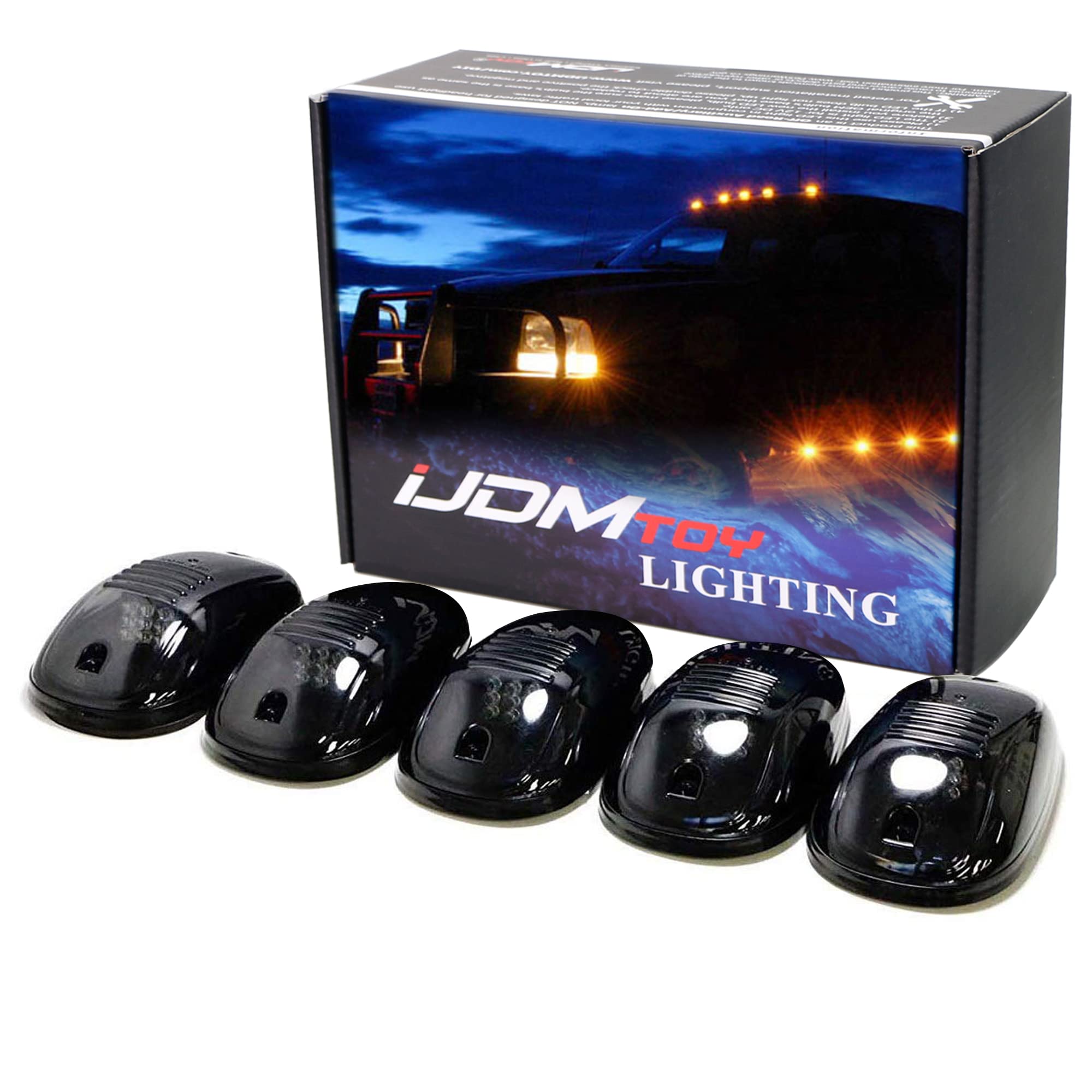 iJDMTOY 5-Piece Amber LED Cab Roof Top Marker Running Lights - Compatible with Truck, SUV, 4x4 Vehicles (Black Smoked Lens) - Perfect for Off-Roading, Night Driving & Vehicle Customization