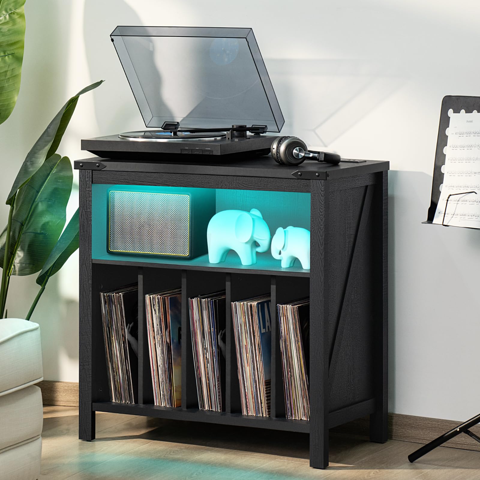 Large Vinyl Record Player Stand with USB Charging Station & LED Lights - Holds 230+ Albums, Turntable Storage Holder with Display Shelf - Perfect for Music Room, Bedroom, Living Room DJ Setup & Vinyl Collection Display