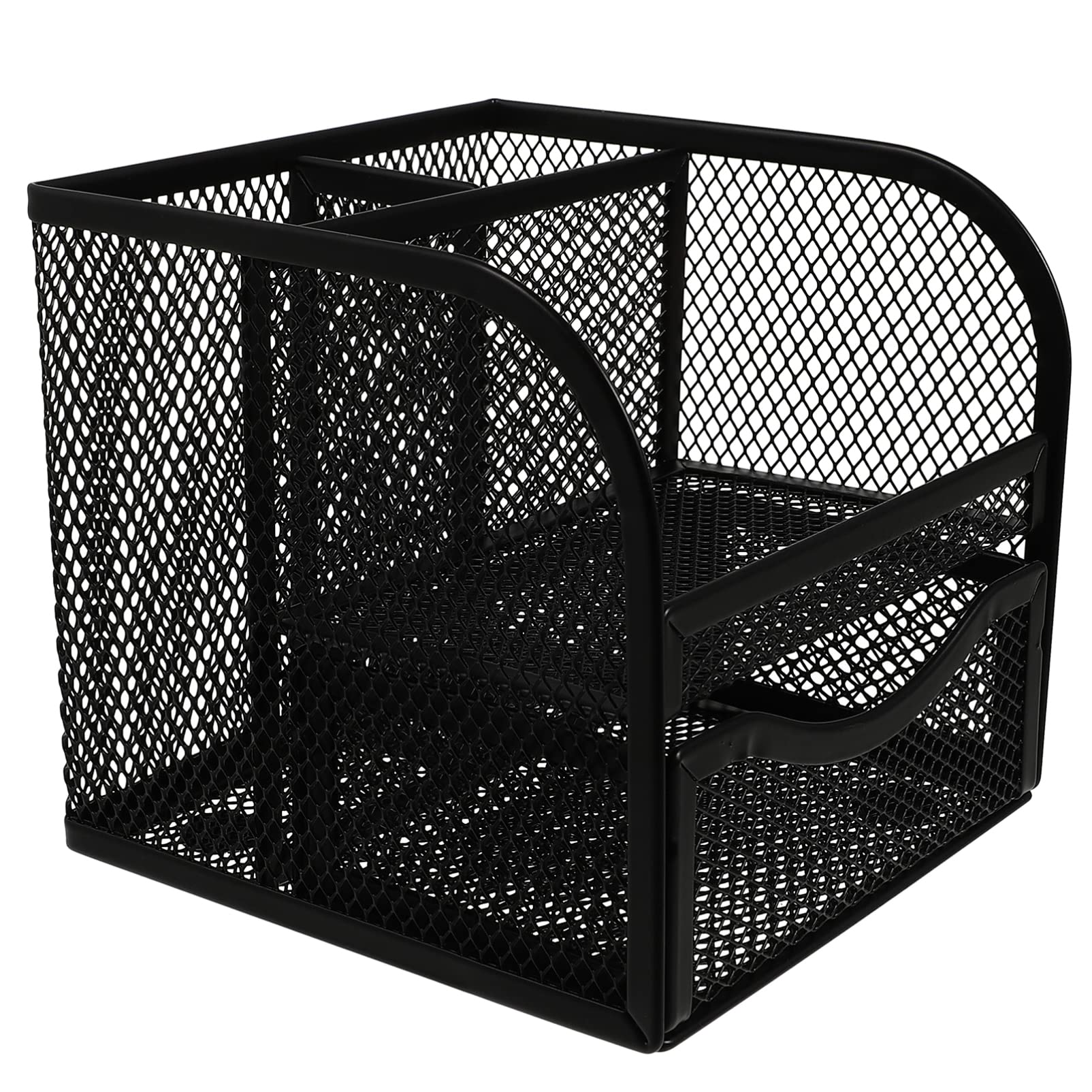 Jojofuny Mesh Desk Drawer Organizer with Push-Drawer - 4 Compartment Metal Stationery Holder for Office, School & Home (Black) - Perfect for Organizing Pens, Paper Clips & Office Supplies on Your Computer Desk