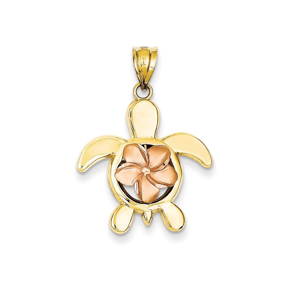 14K Two-Tone Gold Rose Plumeria Turtle Pendant Necklace - Hawaiian Flower Jewelry for Women, Perfect for Beach Vacations, Summer Parties & Tropical-Themed Gifts