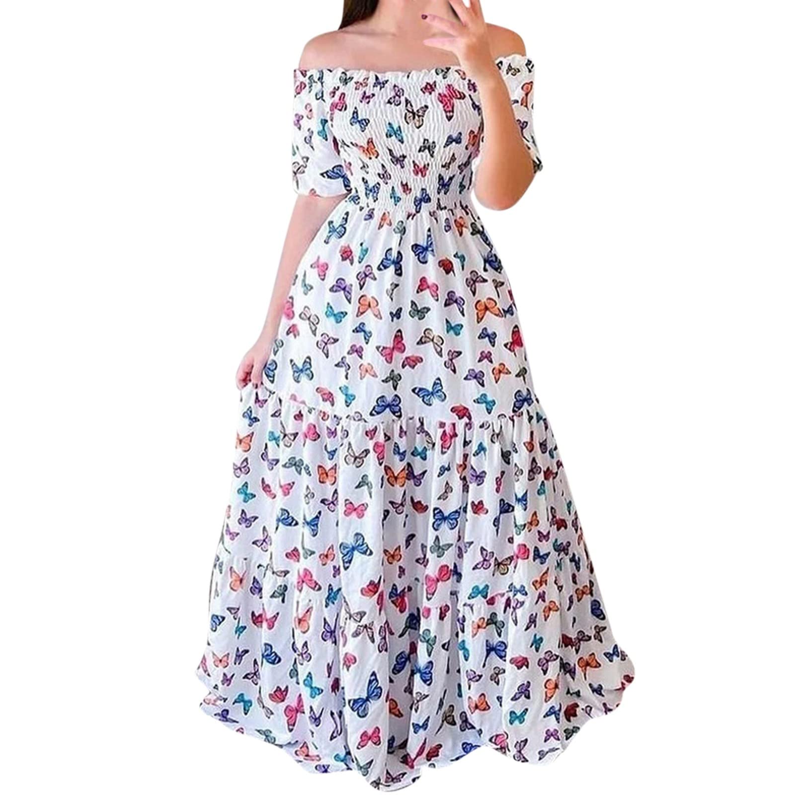 Women's Summer Off Shoulder Maxi Dress - Floral Short Sleeve High Waist Pleated Long Dress in White | Perfect for Beach Vacations, Date Nights & Summer Parties