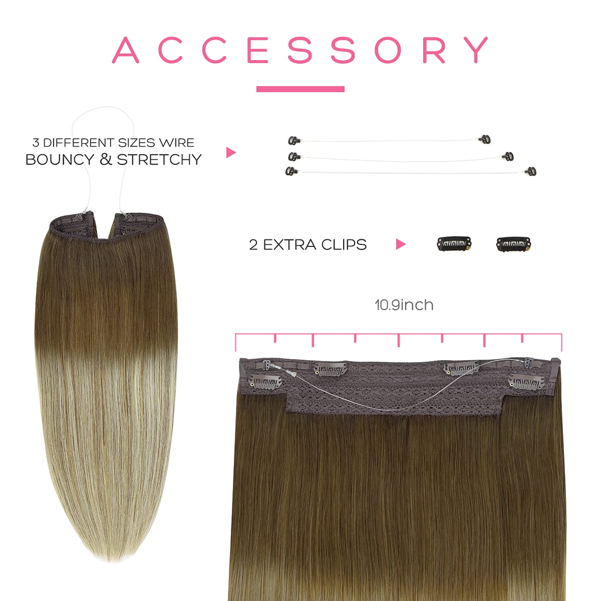 Marat 20-Inch 110g Wire Hair Extensions - Remy Human Hair in Walnut Brown, Ash Brown & Bleach Blonde | Fish Line Invisible Wire for Natural Look | Perfect for Parties, Weddings & Daily Styling