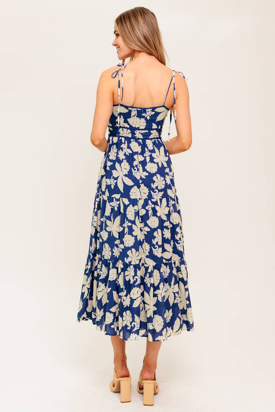 Elegant Petals in the Wind Navy Midi Dress - Perfect for Summer Weddings & Garden Parties