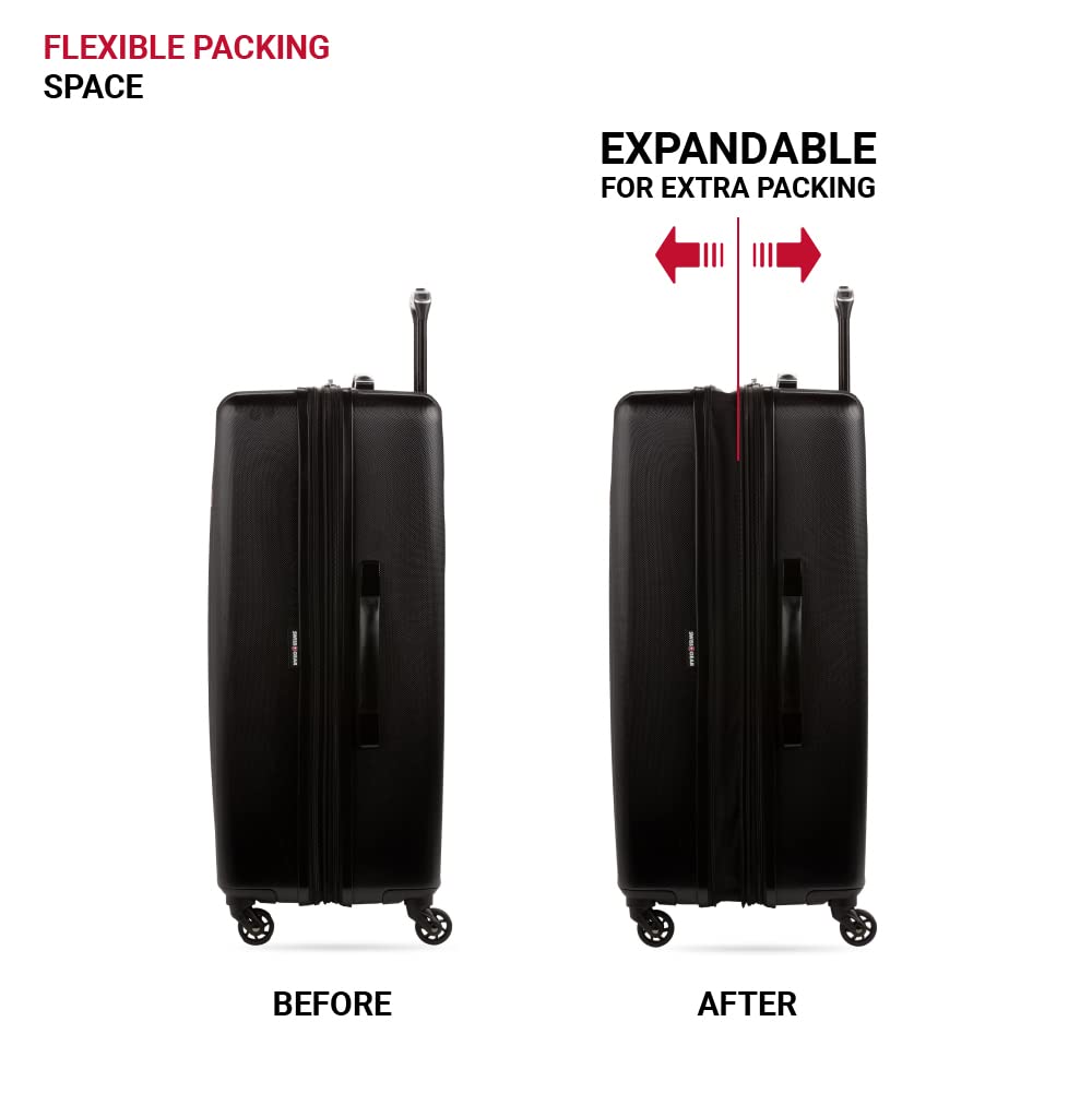 SwissGear 8018 Expandable Hardside Spinner Wheel Luggage - 27 Inch Large Checked Suitcase for Travel, Black | Perfect for International Flights & Long Trips