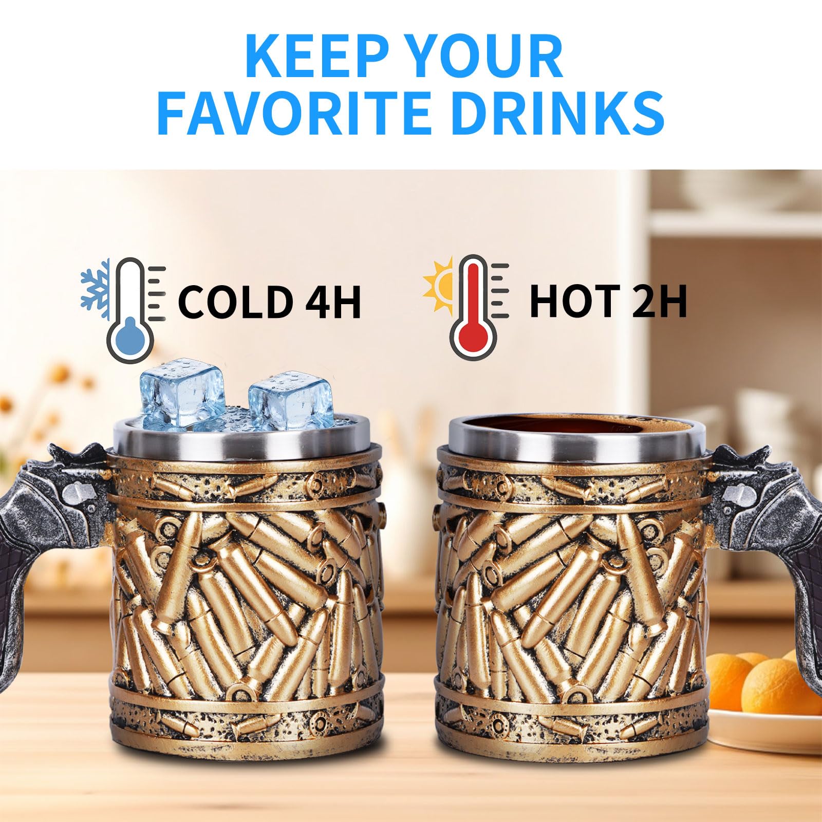 Gun Handle Coffee Mug - 15oz Stainless Steel Bullet Design Beer Cup | Unique Father's Day & Birthday Gift for Men | Perfect for Coffee, Beer & Outdoor Camping