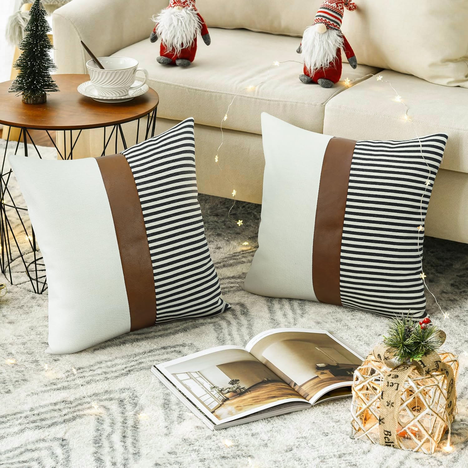Cygnus 22x22 Inches Pillow Covers Set of 2 - Farmhouse Decor Striped Patchwork Linen Throw Pillow Covers with Faux Leather Accents for Couch, Sofa & Bed - Navy Blue Home Decor for Living Room, Bedroom & Dorm