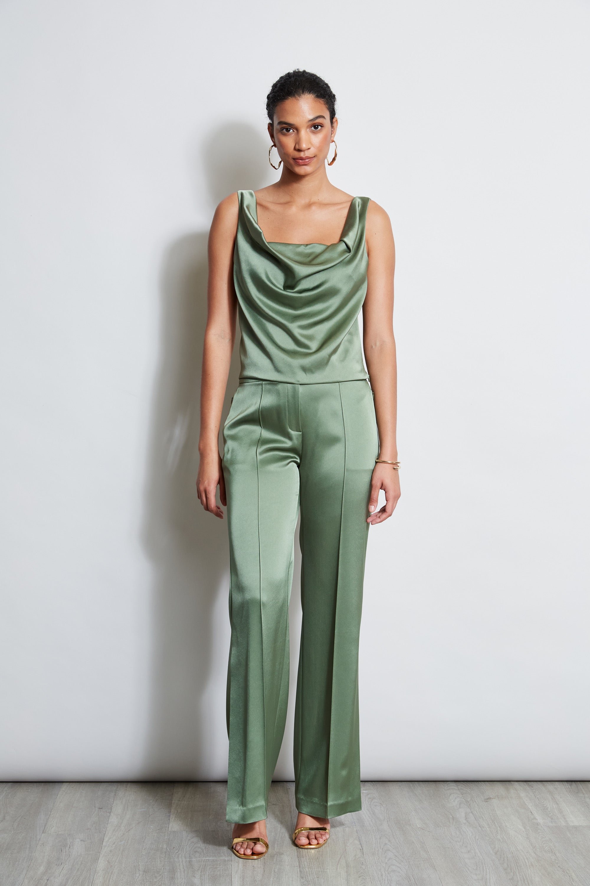 Satin Cowl Neck Cami Top - E401N504 Tuscan Olive - Women's Elegant Layering Piece for Evening Outfits & Special Occasions