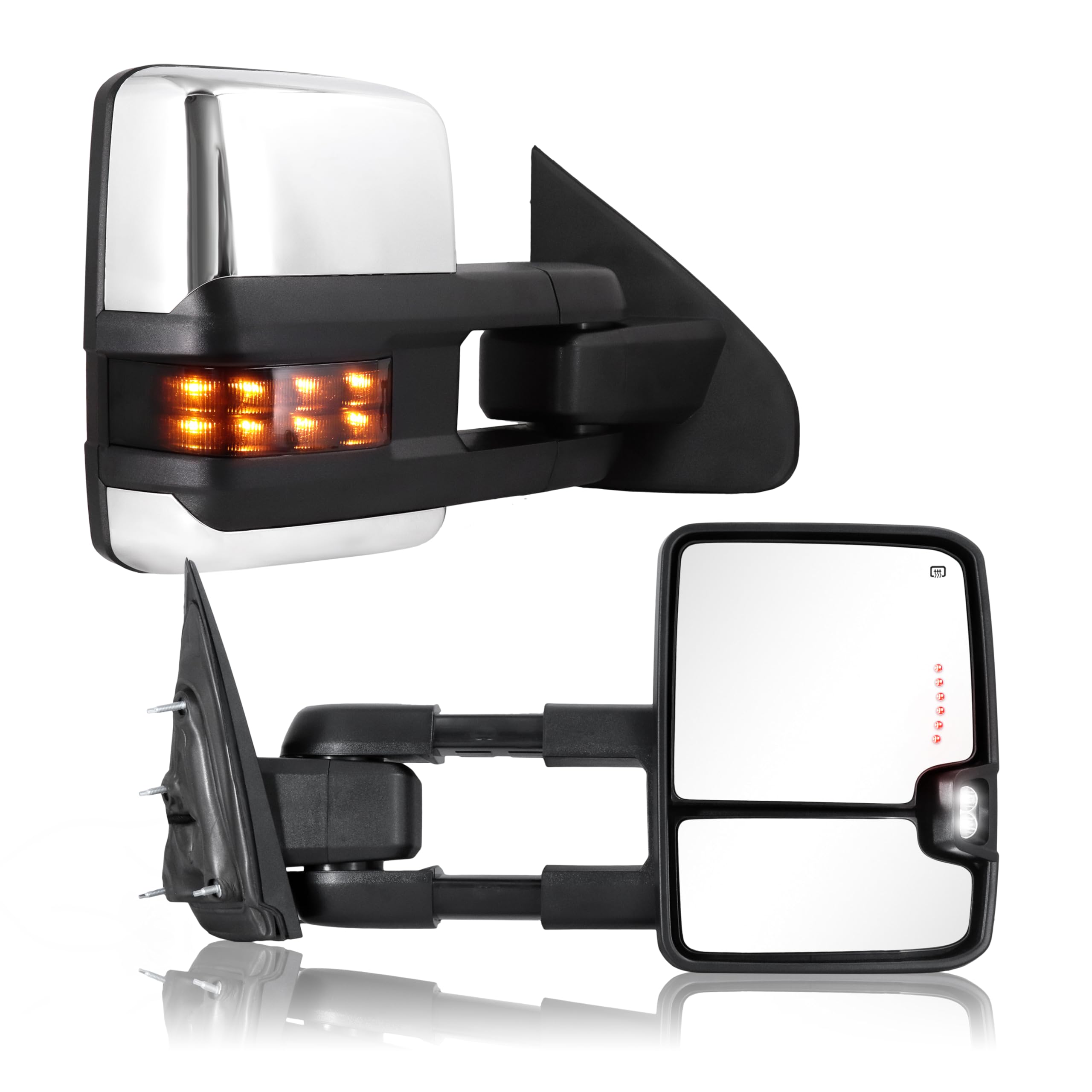 Heated Power-Adjustable Towing Mirrors for 2014-2018 Chevy Silverado & GMC Sierra 1500/2500/3500 HD - Chrome Back with Running Lights & Turn Signals - Perfect for Towing, Off-Roading & Night Driving