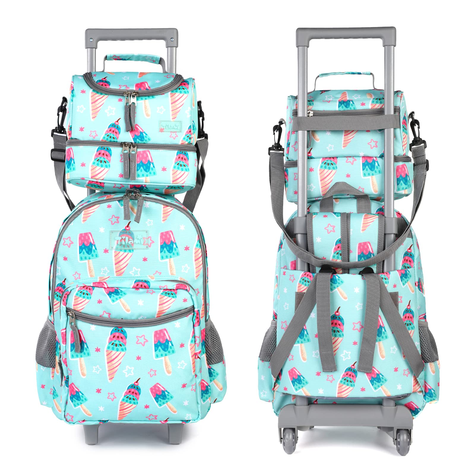 Tilami 18 Inch Rolling Backpack for Kids with Double Handle & Lunch Bag - Wheeled School Backpack, Ice Cream Green - Perfect for School, Travel, and Daily Commute