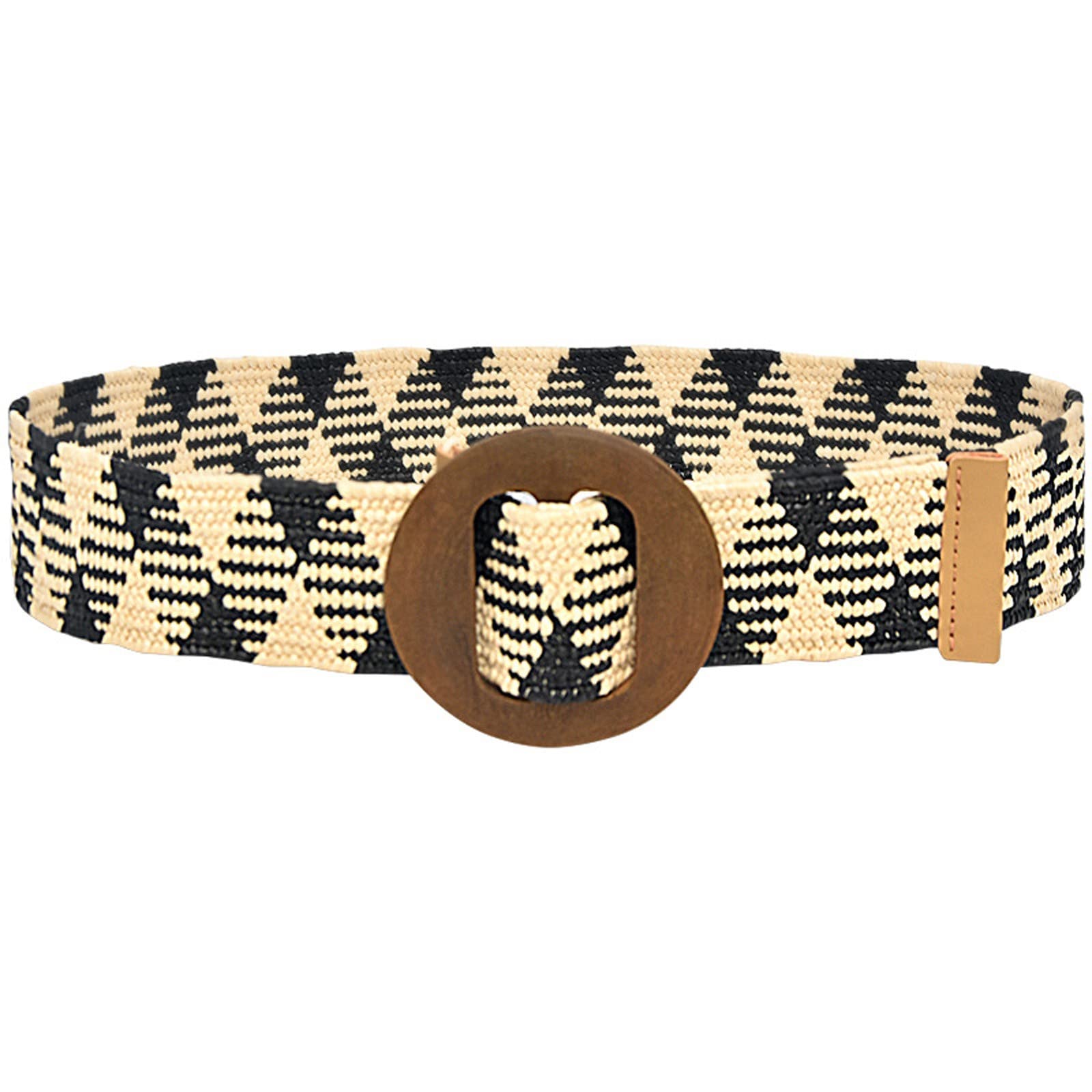 Women's Stretch Skinny Striped Printed Belt with Wooden Buckle - Red & Brown Leather Casual Summer Waistband for Dresses, Jeans & Skirts | Elastic Woven Fashion Accessory