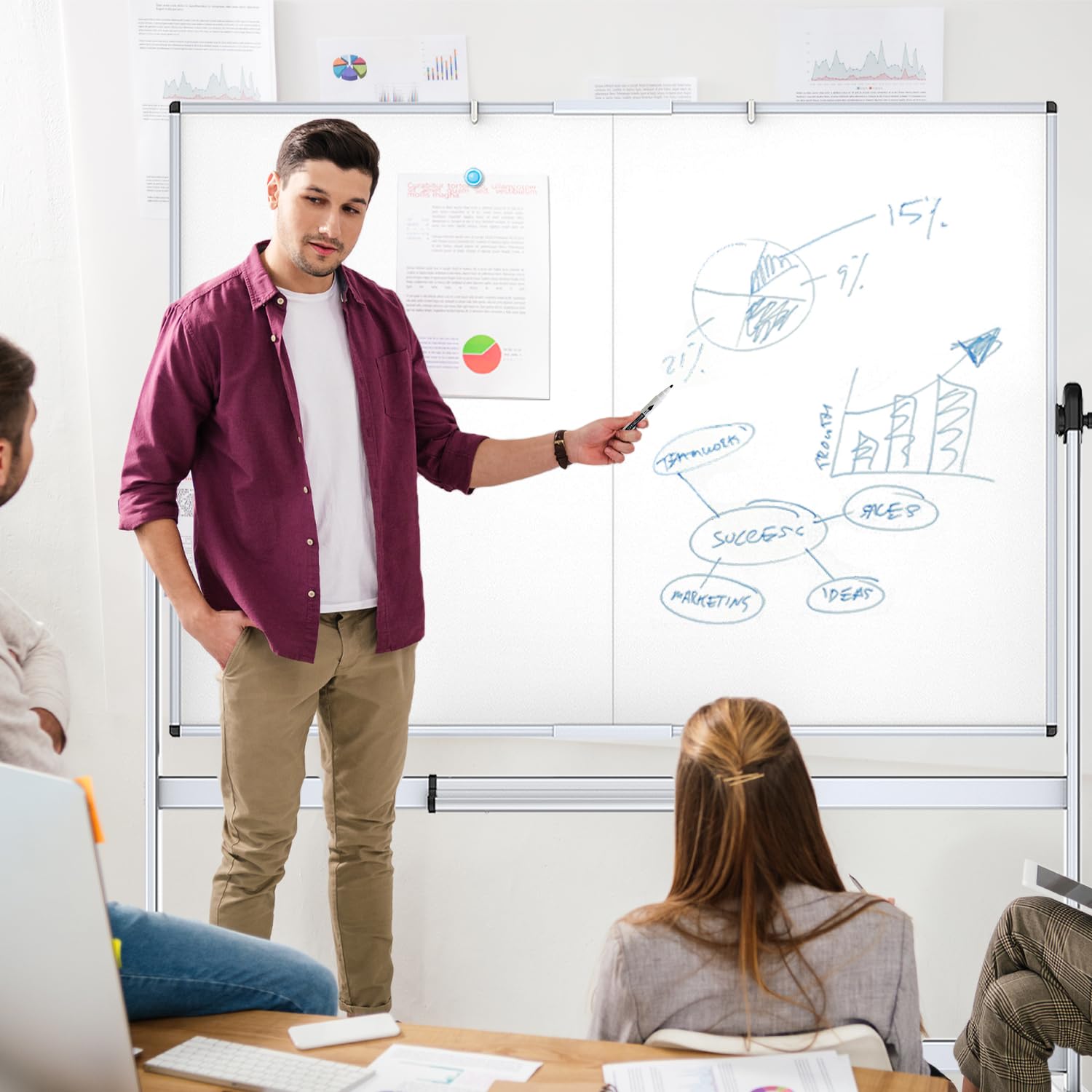 VIZ-PRO 72x40 Inch Double-Sided Magnetic Whiteboard - Mobile Dry Erase Board with Aluminum Frame, Wheels & Stand - Perfect for Classrooms, Offices & Home Use