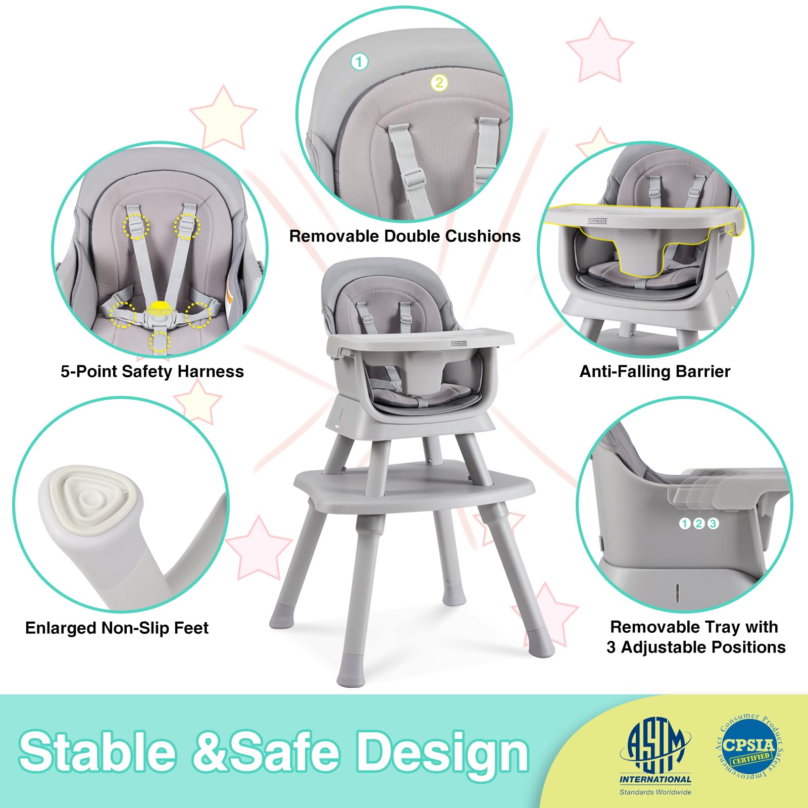 8-in-1 Convertible Baby High Chair with Removable Tray | Multi-Functional Toddler Chair Converts to Kids Table & Chair Set, Building Block Table, Step Stool & Dining Chair (Grey) - Perfect for Feeding, Playtime & Learning Activities