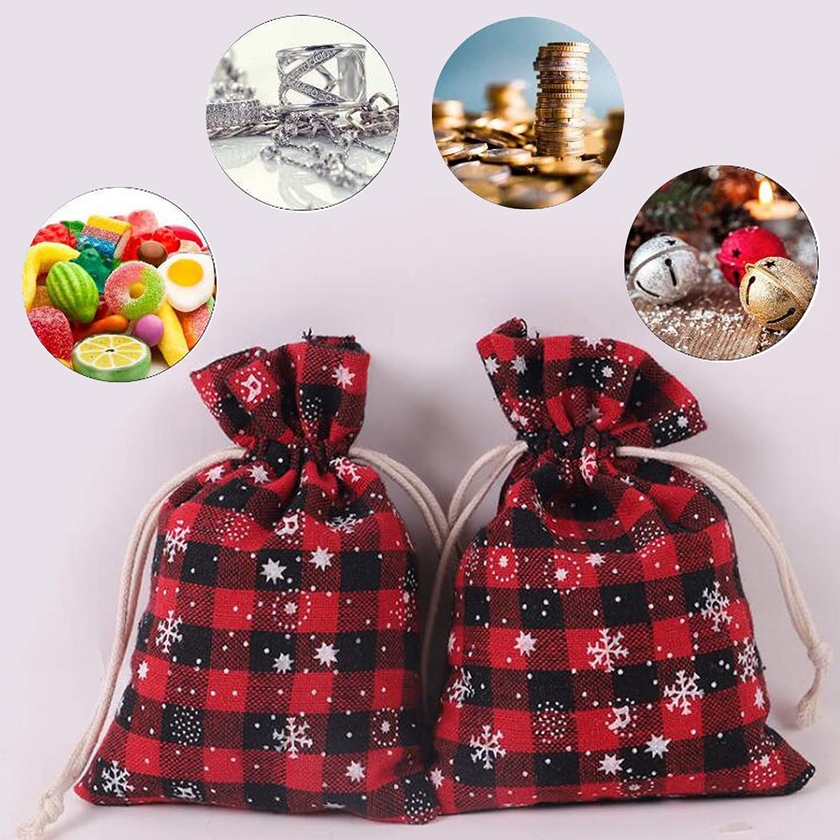 Snadulor 20Pcs Christmas Burlap Drawstring Bags with Snowflake Design - 3.9x5.5 Inch Small Gift Pouches for Jewelry, Candy & Party Favors - Perfect for Holiday Gifting, Stocking Stuffers & Christmas Decorations